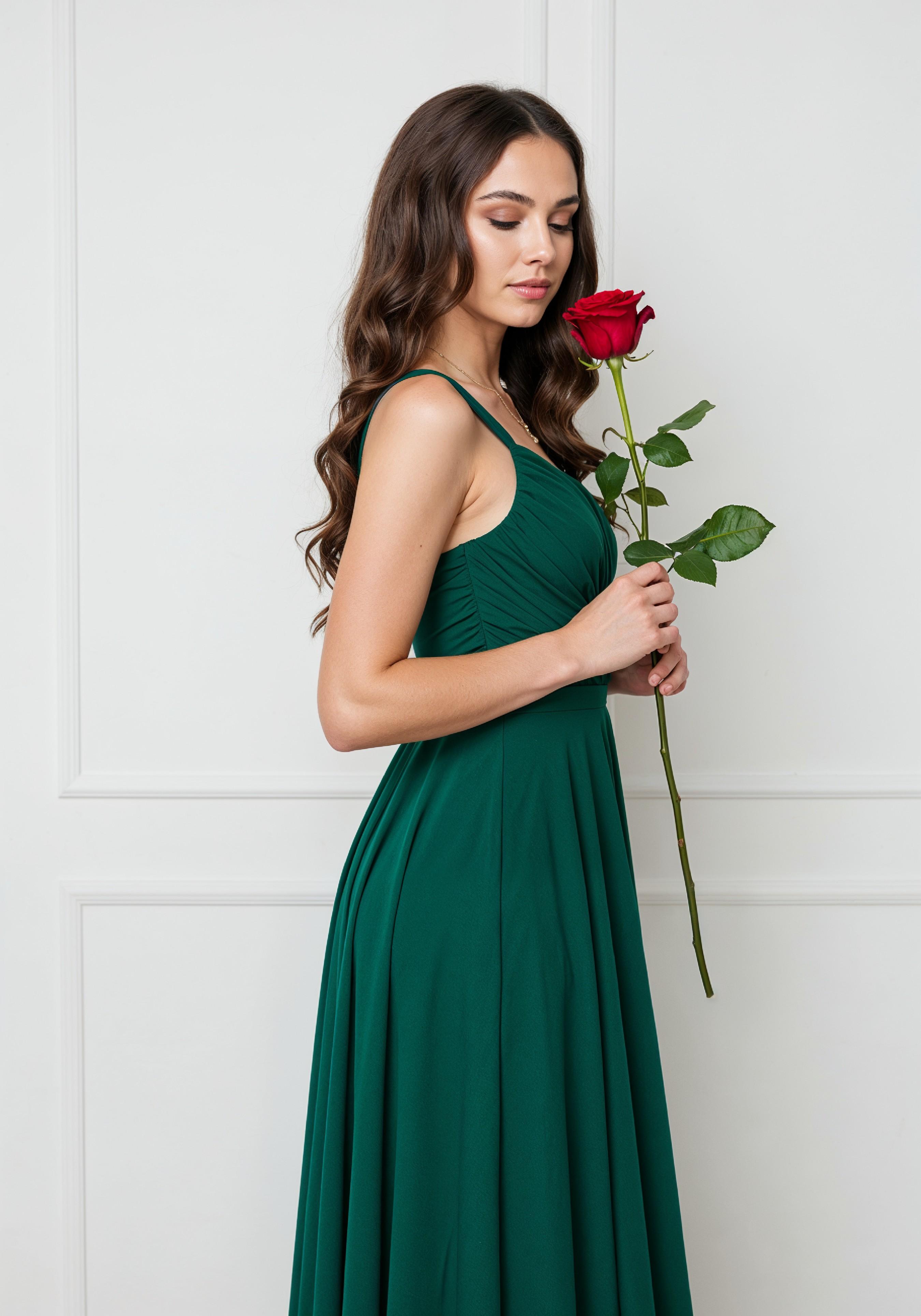Beautiful Young Woman Holding Red Rose in Elegant Dress Romantic Portrait