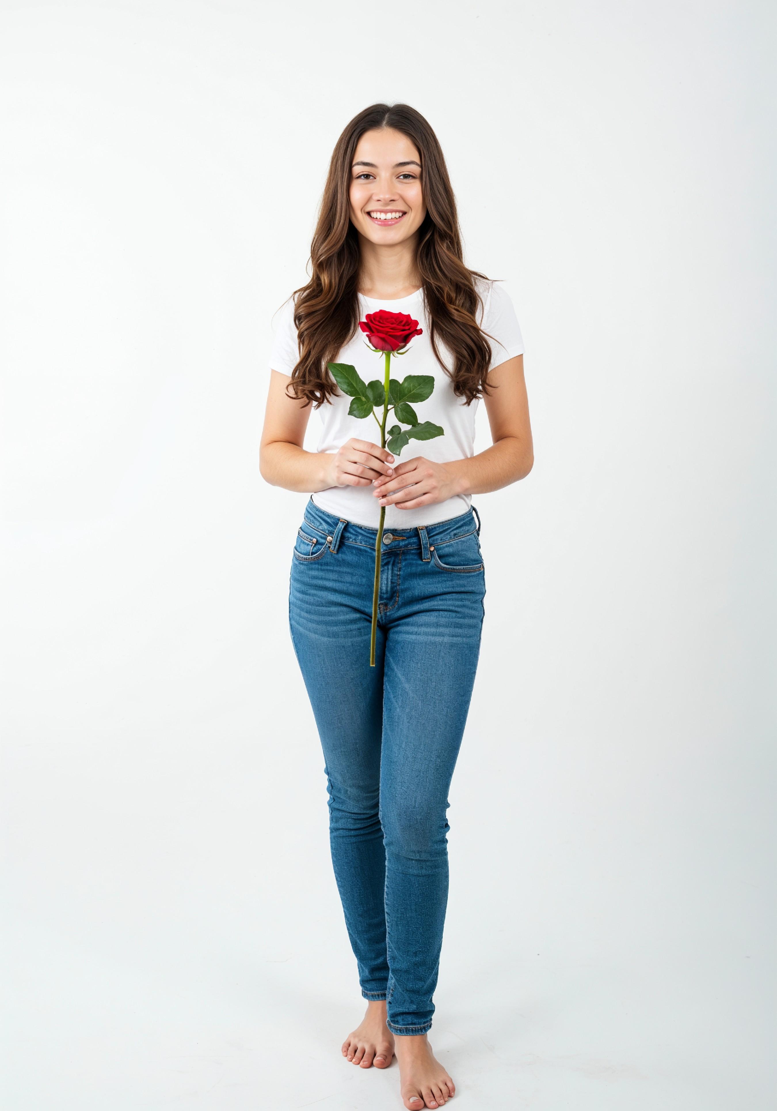 Beautiful Young Woman Holding Red Rose in Elegant Dress Romantic Portrait