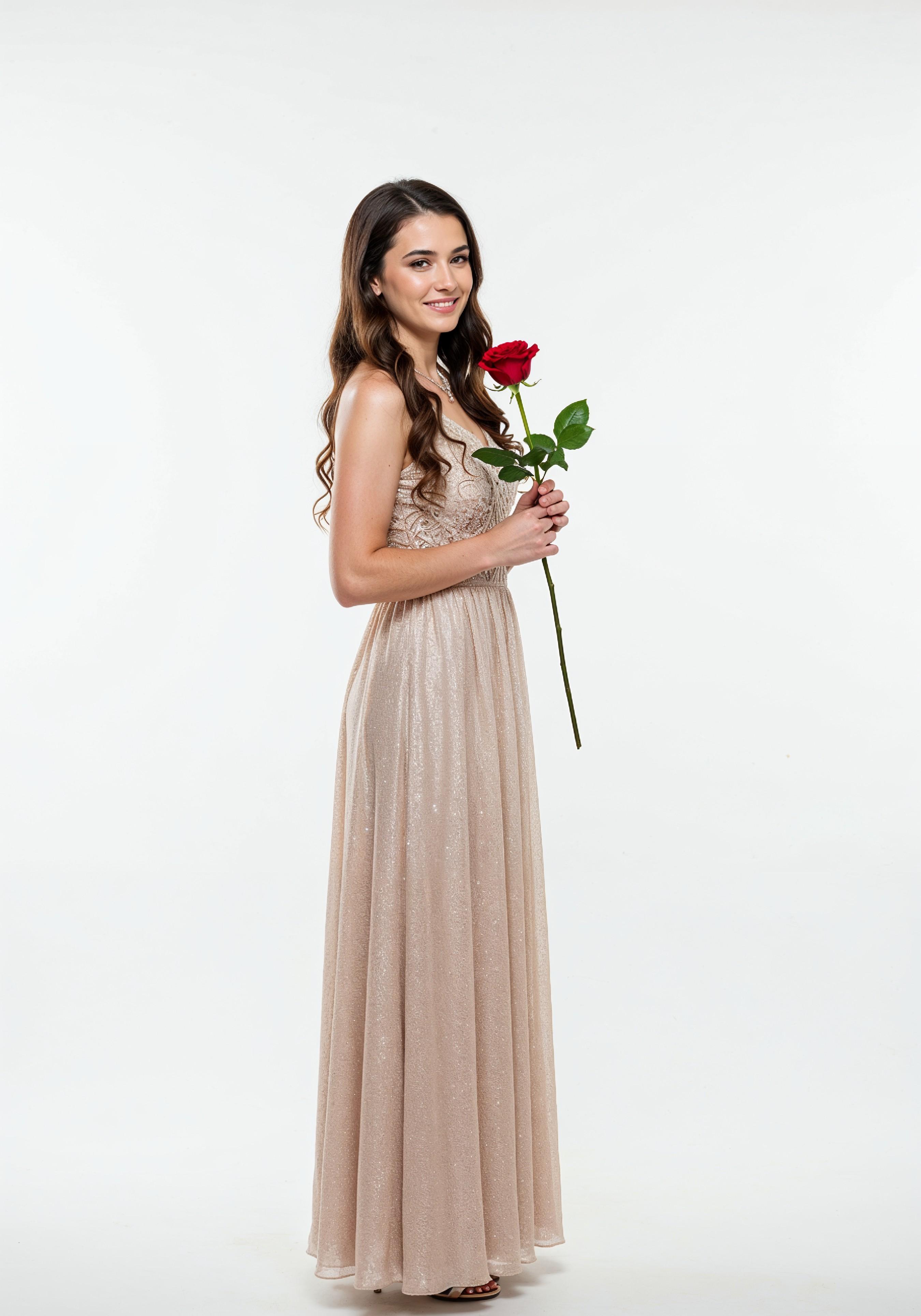 Beautiful Young Woman Holding Red Rose in Elegant Dress Romantic Portrait