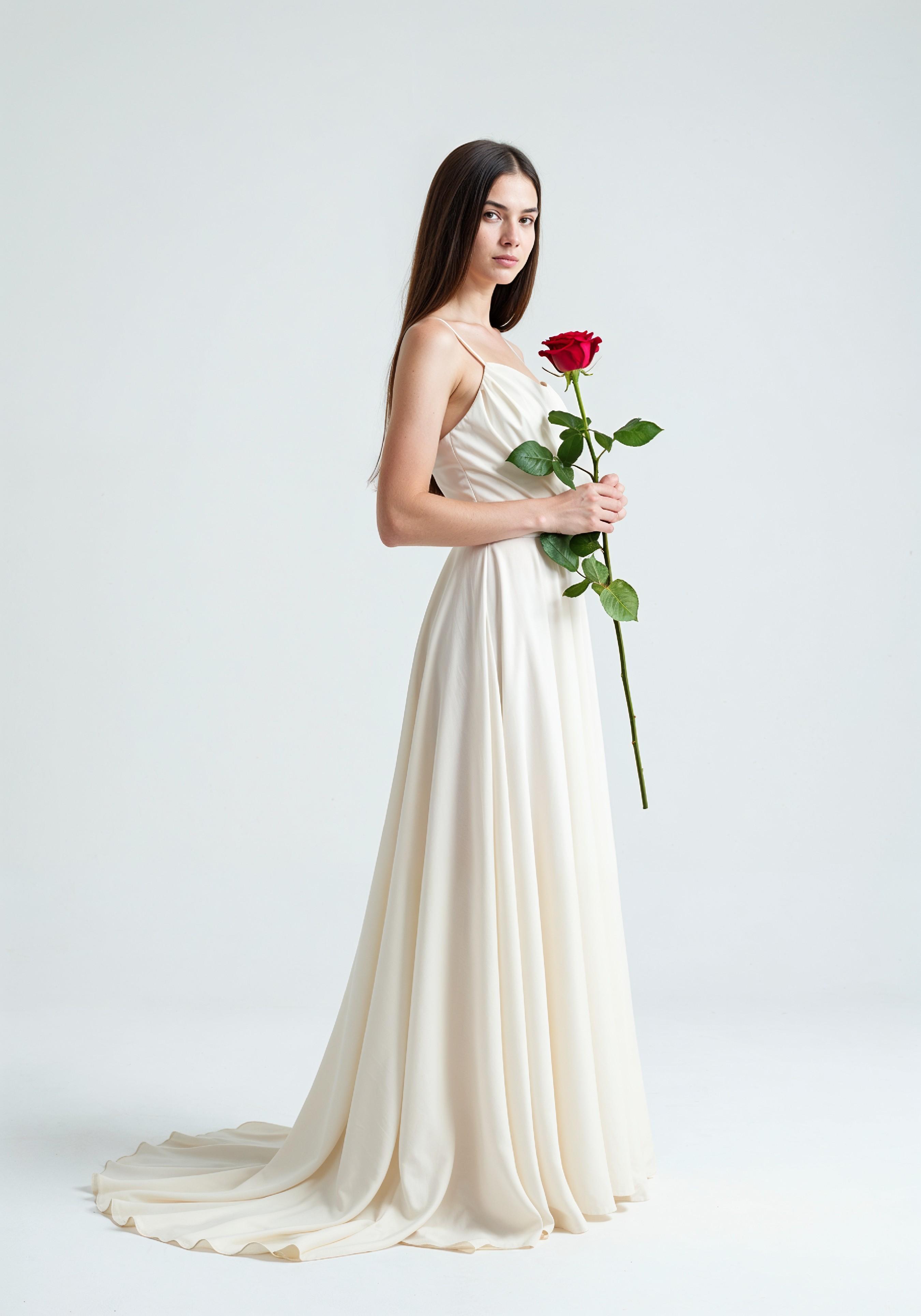 Beautiful Young Woman Holding Red Rose in Elegant Dress Romantic Portrait
