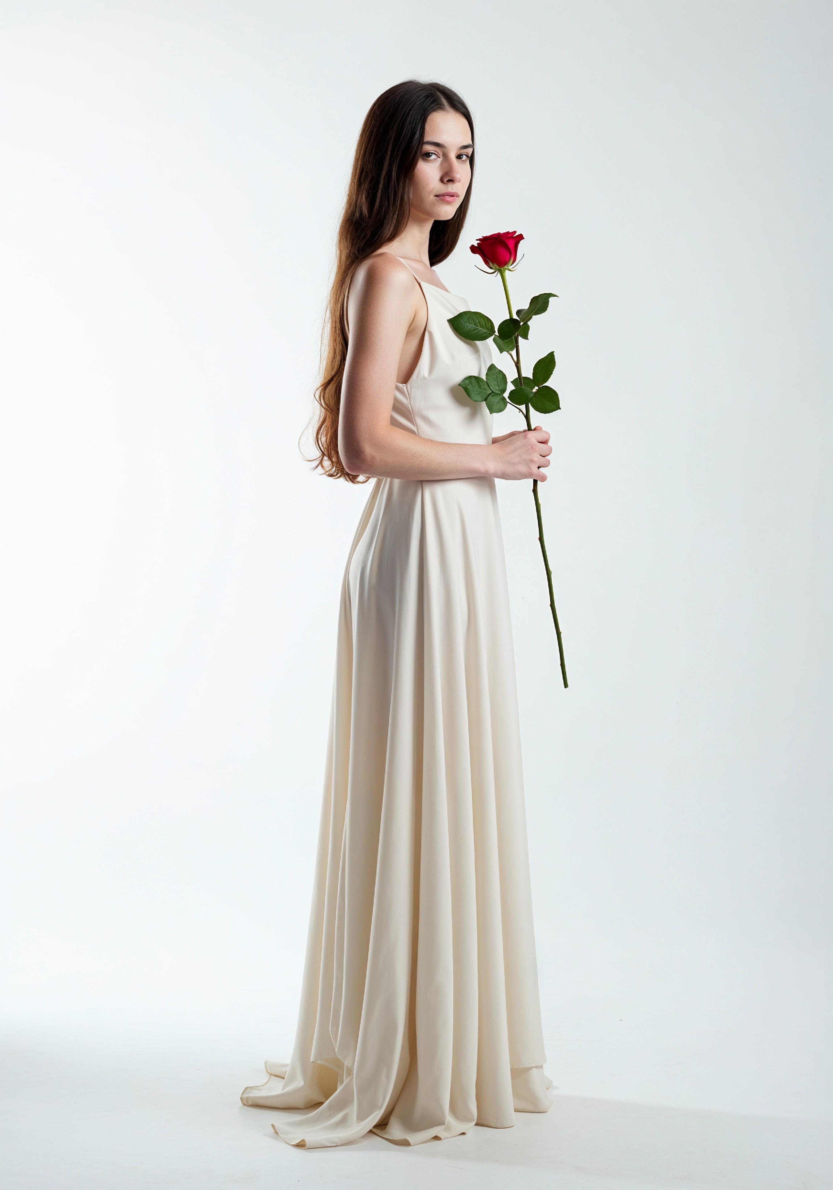 Beautiful Young Woman Holding Red Rose in Elegant Dress Romantic Portrait