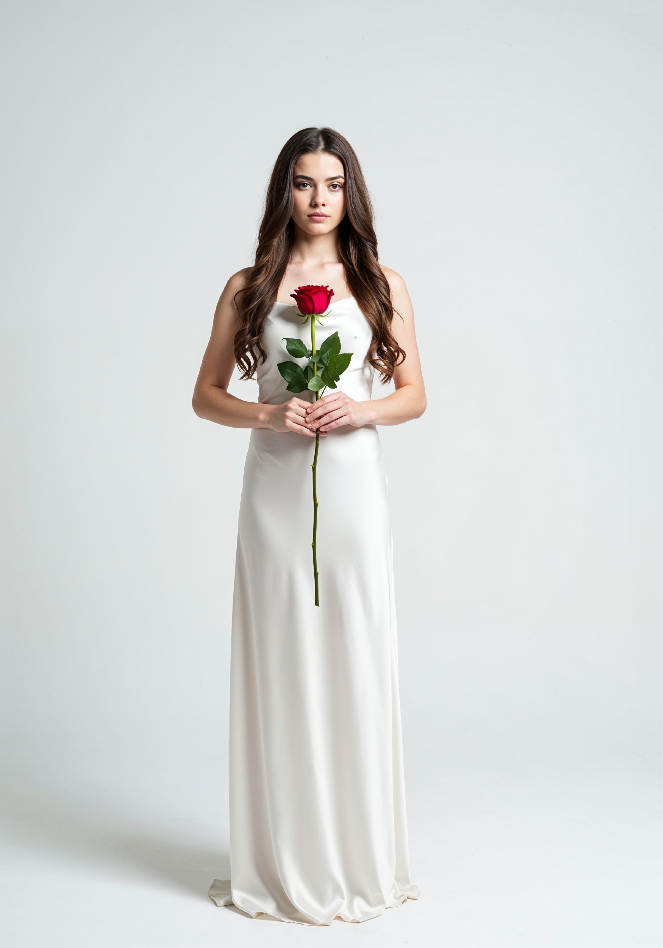 Beautiful Young Woman Holding Red Rose in Elegant Dress Romantic Portrait