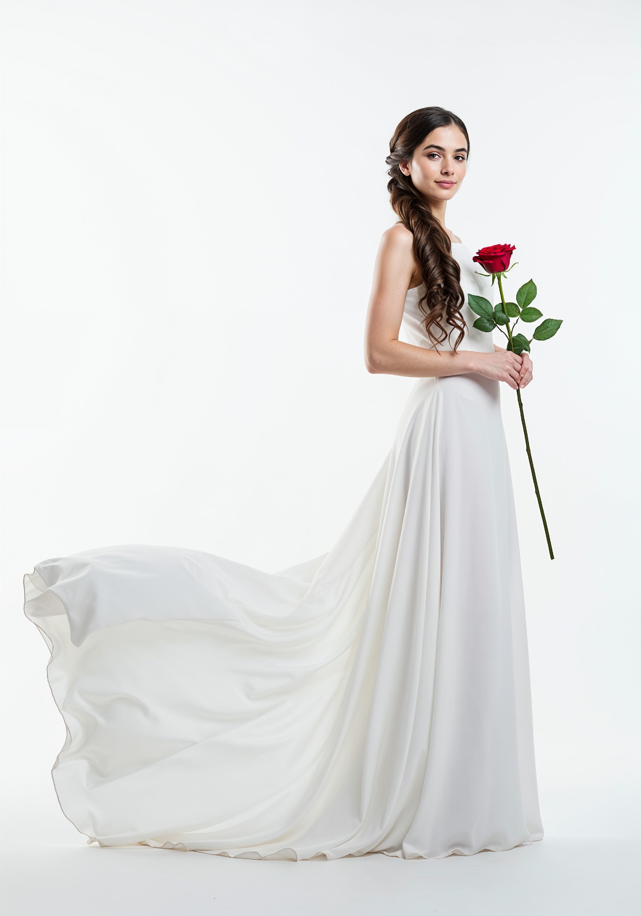 Beautiful Young Woman Holding Red Rose in Elegant Dress Romantic Portrait