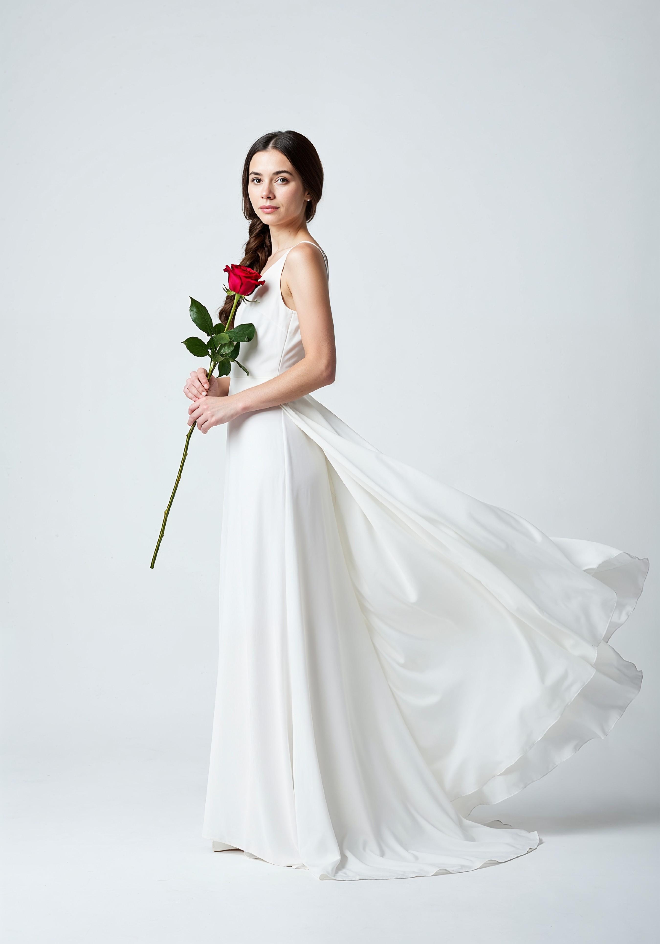 Beautiful Young Woman Holding Red Rose in Elegant Dress Romantic Portrait