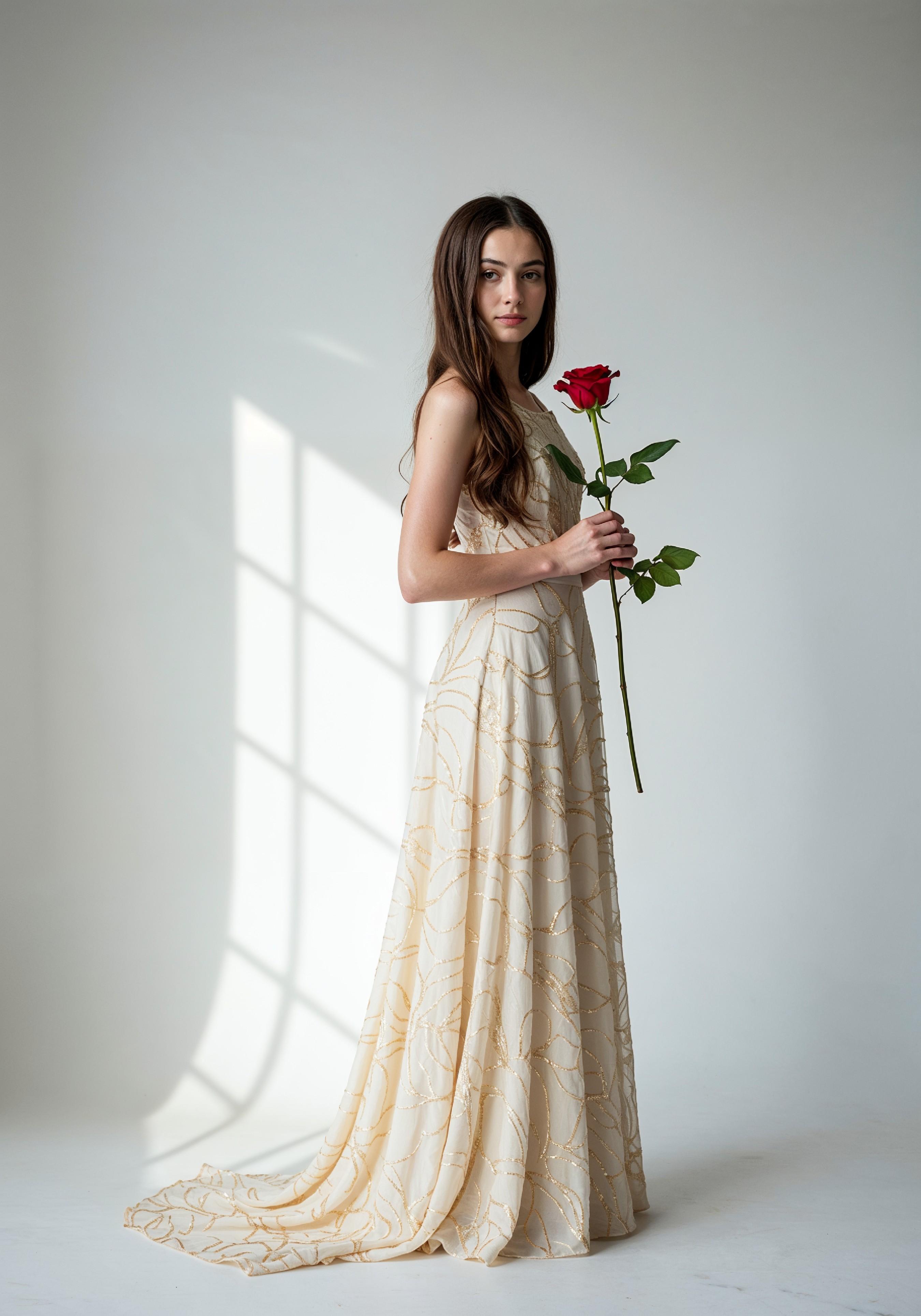 Beautiful Young Woman Holding Red Rose in Elegant Dress Romantic Portrait
