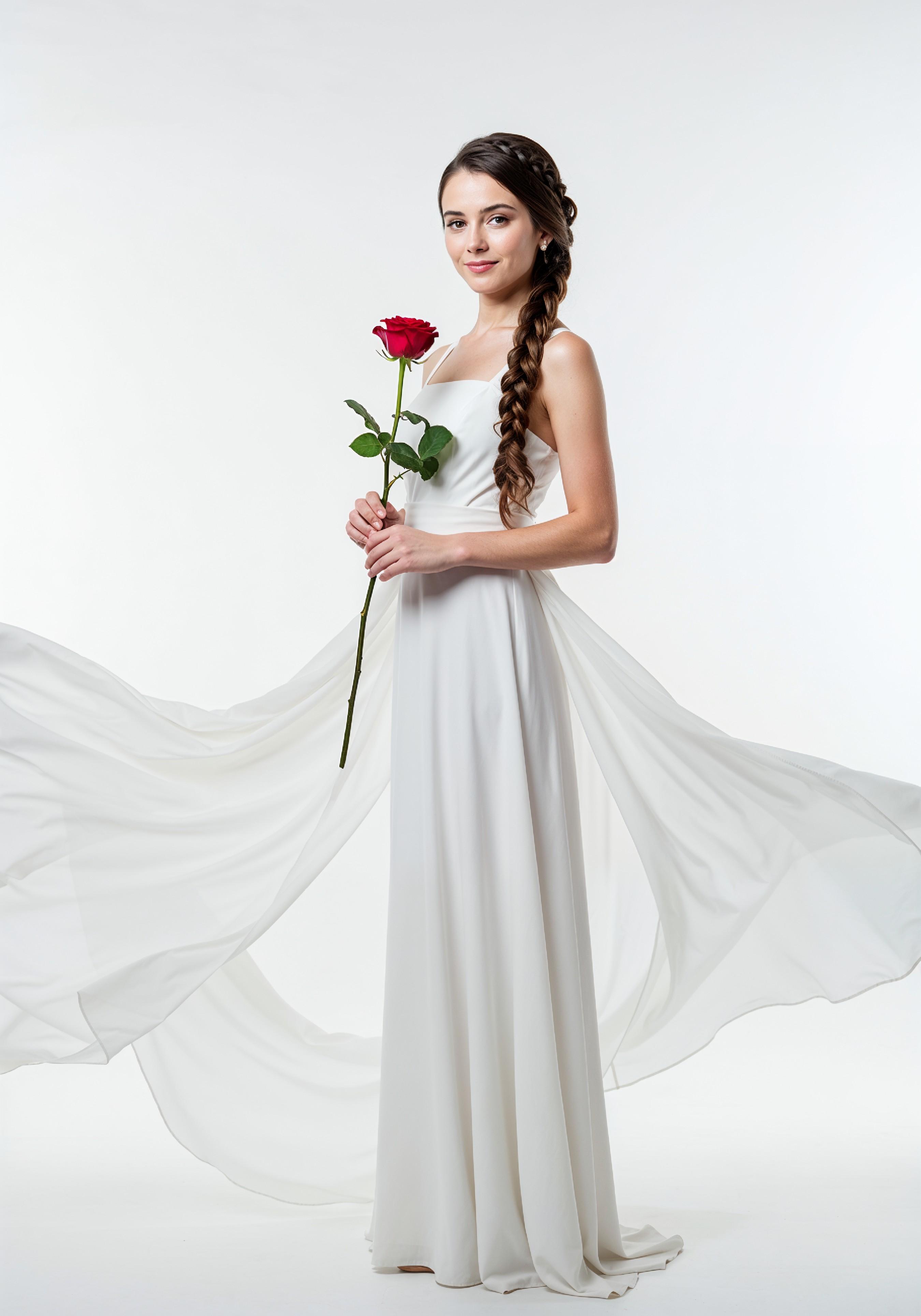 Beautiful Young Woman Holding Red Rose in Elegant Dress Romantic Portrait