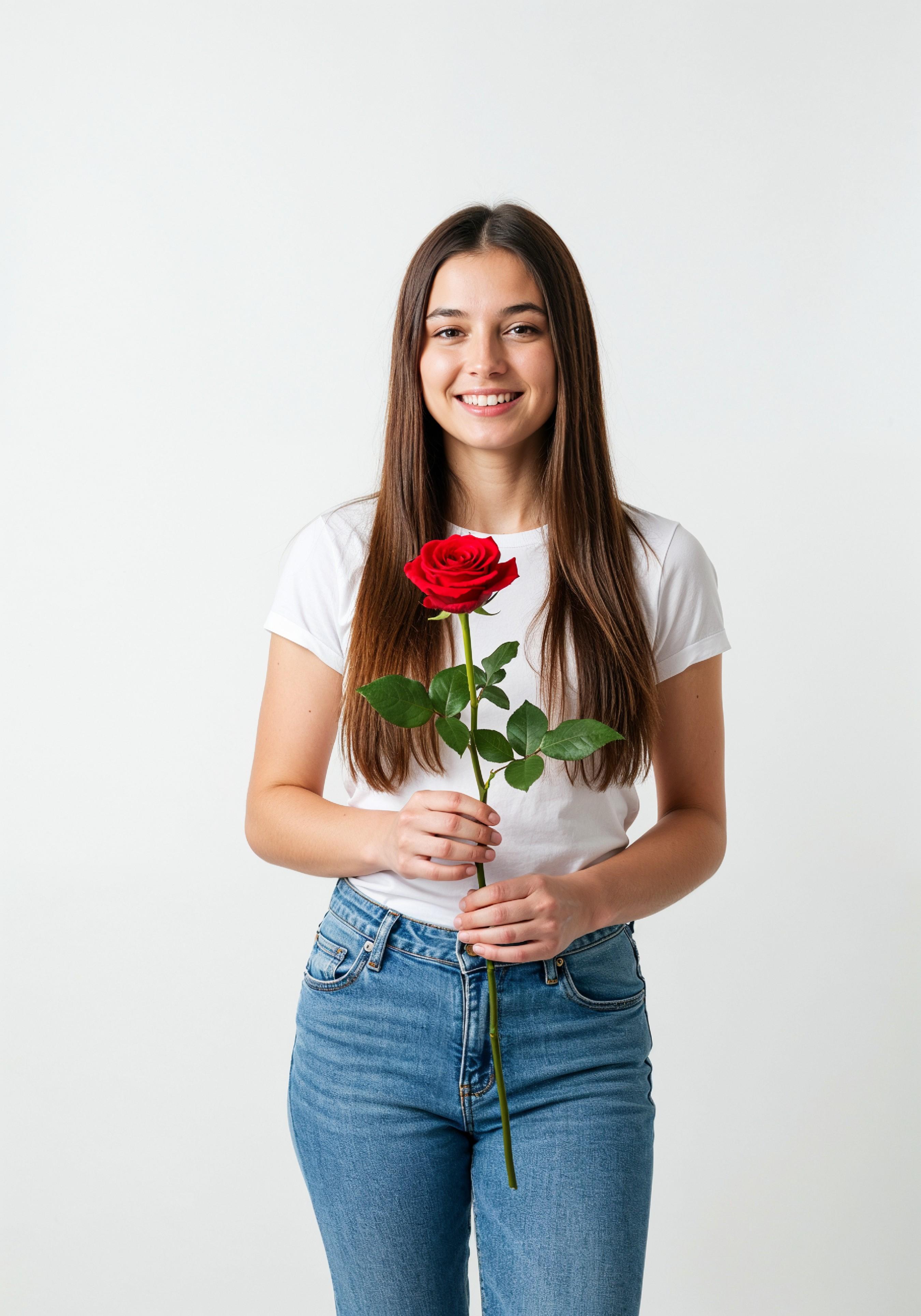 Beautiful Young Woman Holding Red Rose in Elegant Dress Romantic Portrait