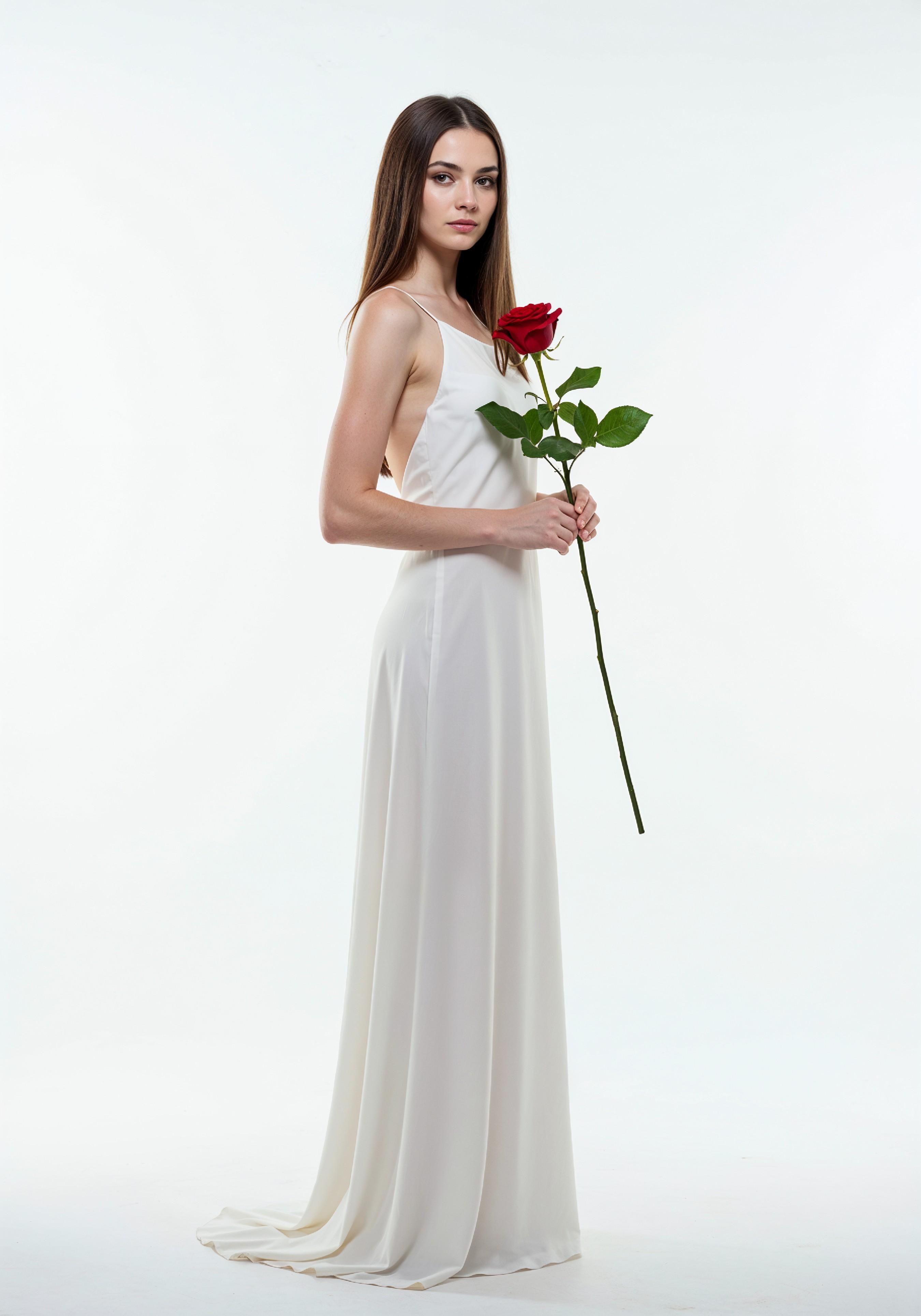 Beautiful Young Woman Holding Red Rose in Elegant Dress Romantic Portrait