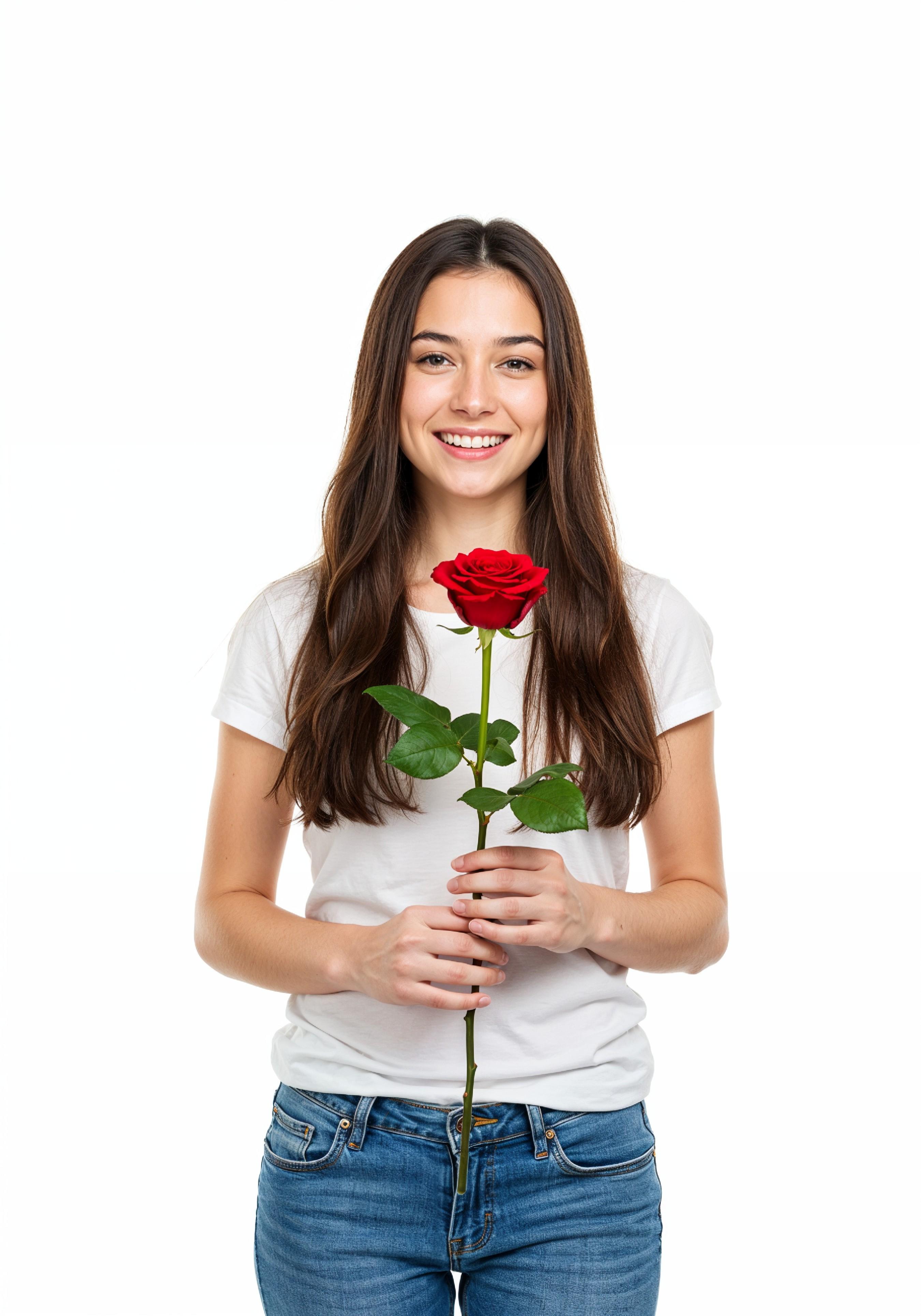 Beautiful Young Woman Holding Red Rose in Elegant Dress Romantic Portrait