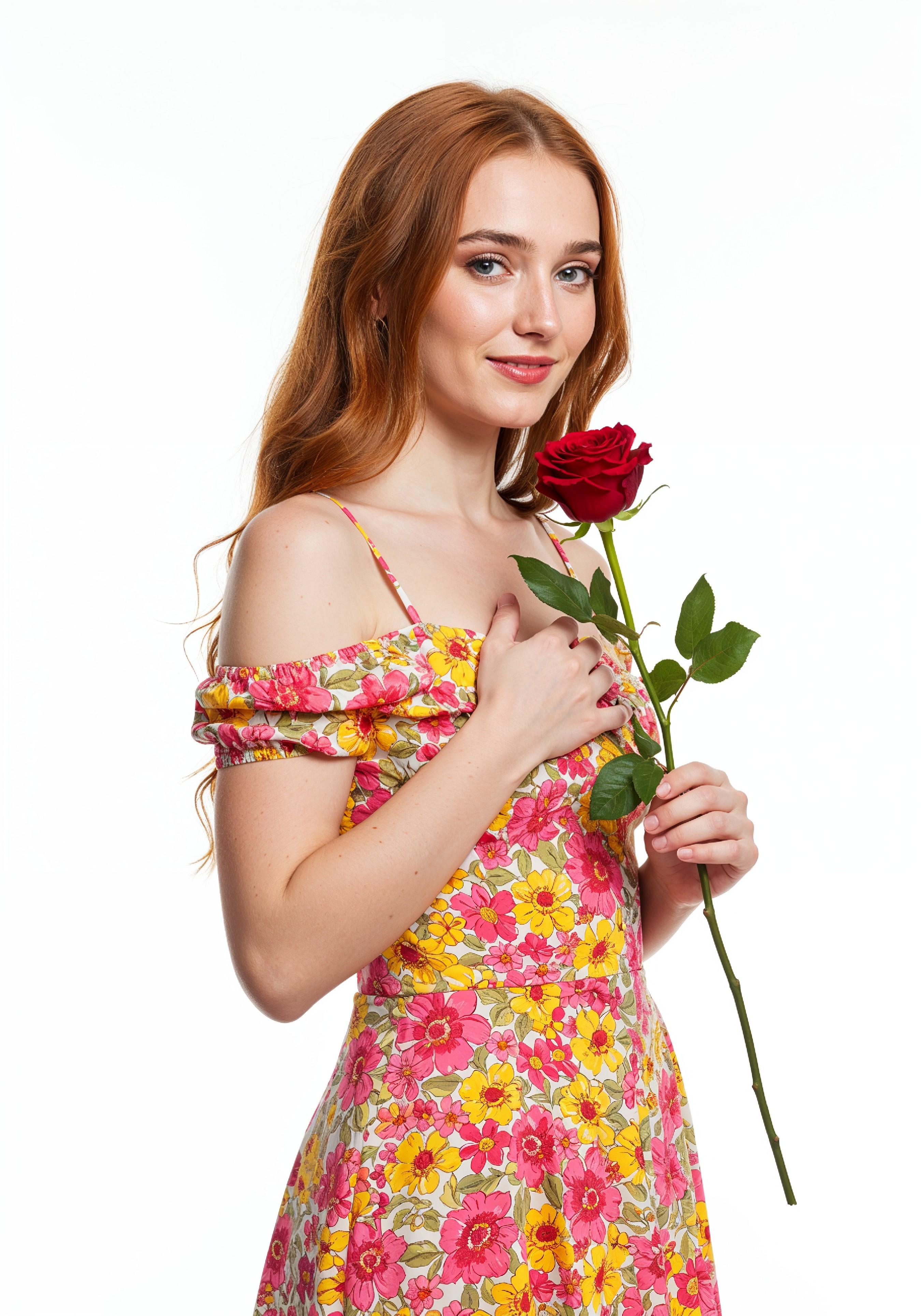 Beautiful Young Woman Holding Red Rose in Elegant Dress Romantic Portrait