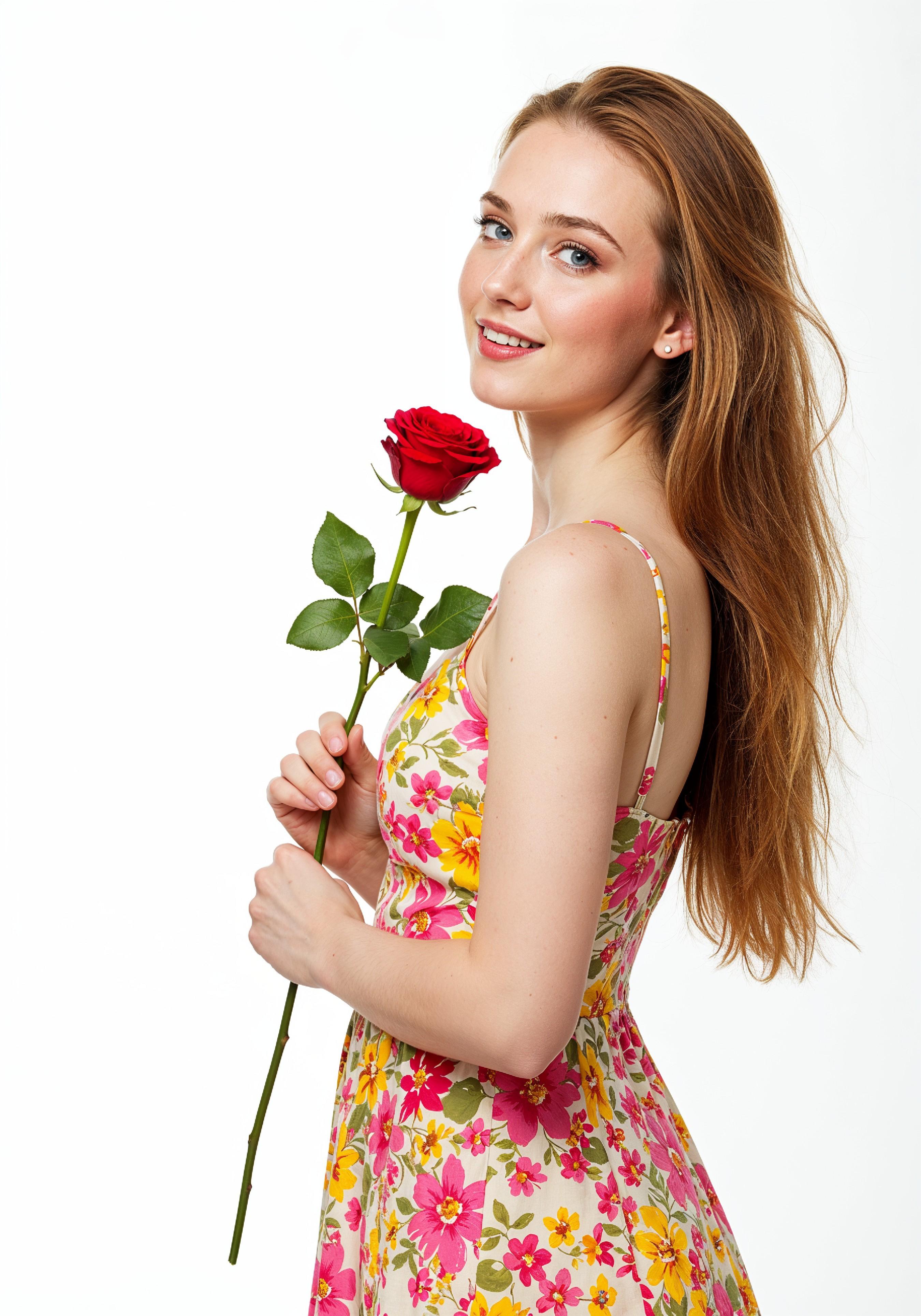Beautiful Young Woman Holding Red Rose in Elegant Dress Romantic Portrait