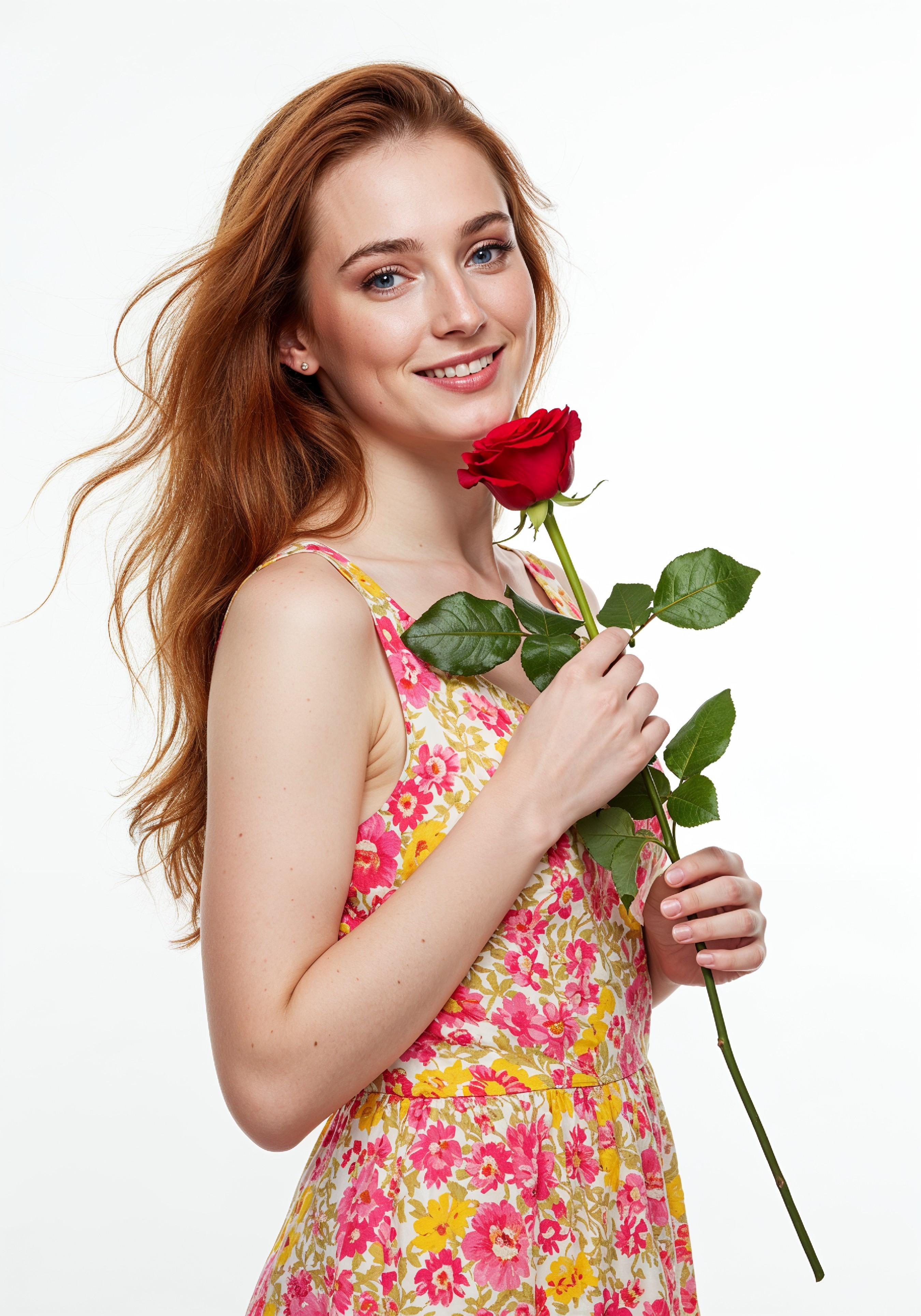 Beautiful Young Woman Holding Red Rose in Elegant Dress Romantic Portrait