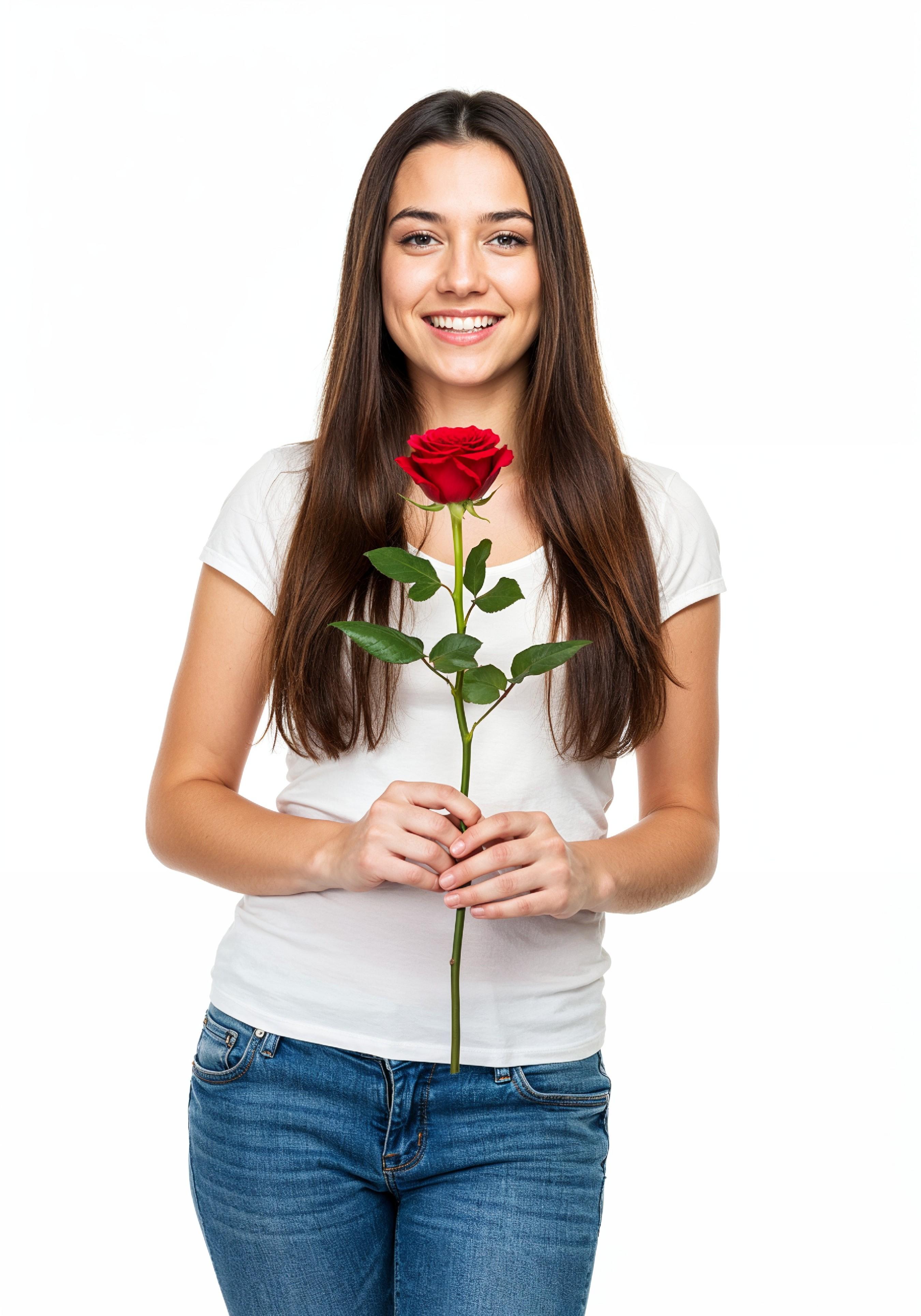 Beautiful Young Woman Holding Red Rose in Elegant Dress Romantic Portrait