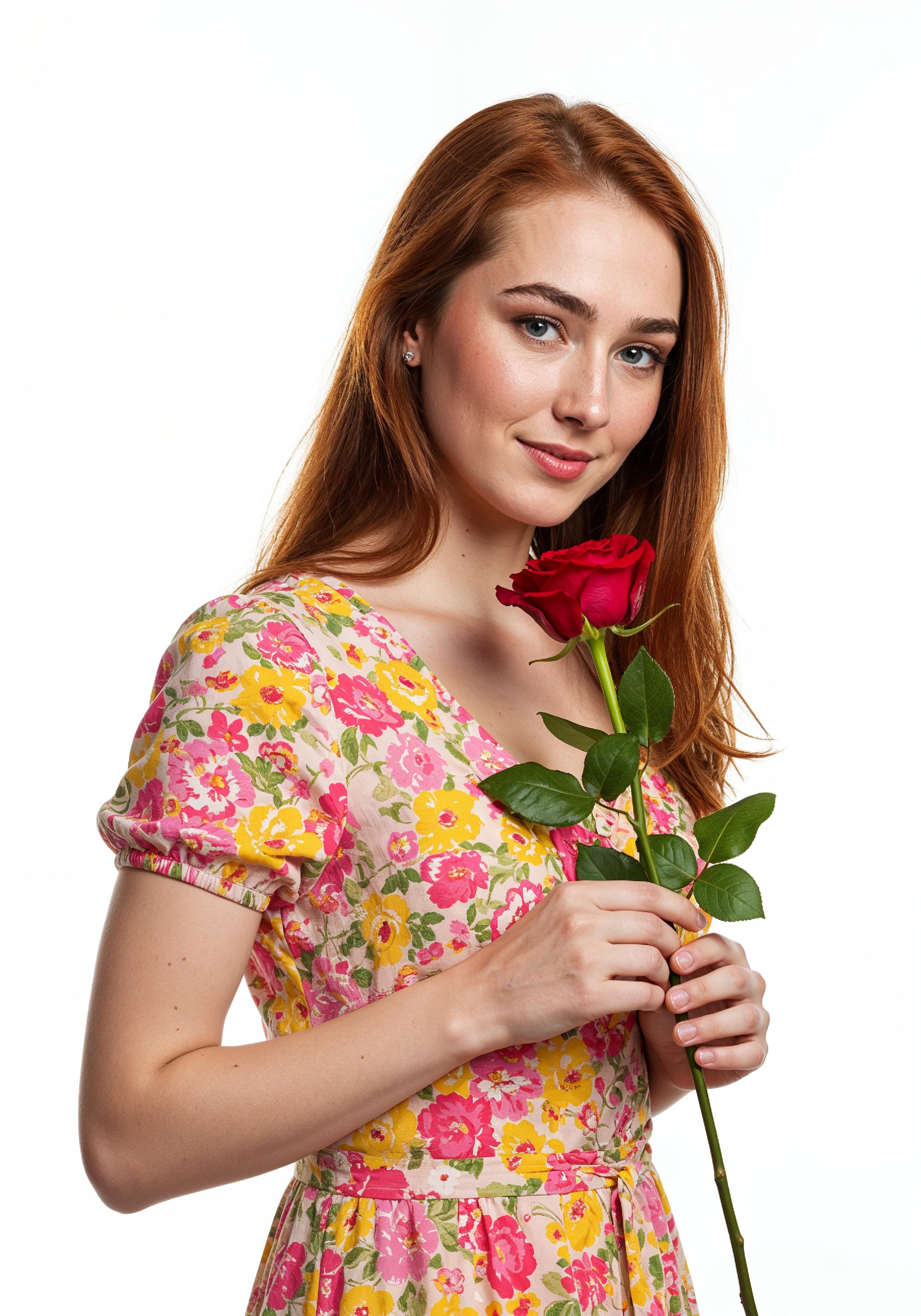 Beautiful Young Woman Holding Red Rose in Elegant Dress Romantic Portrait