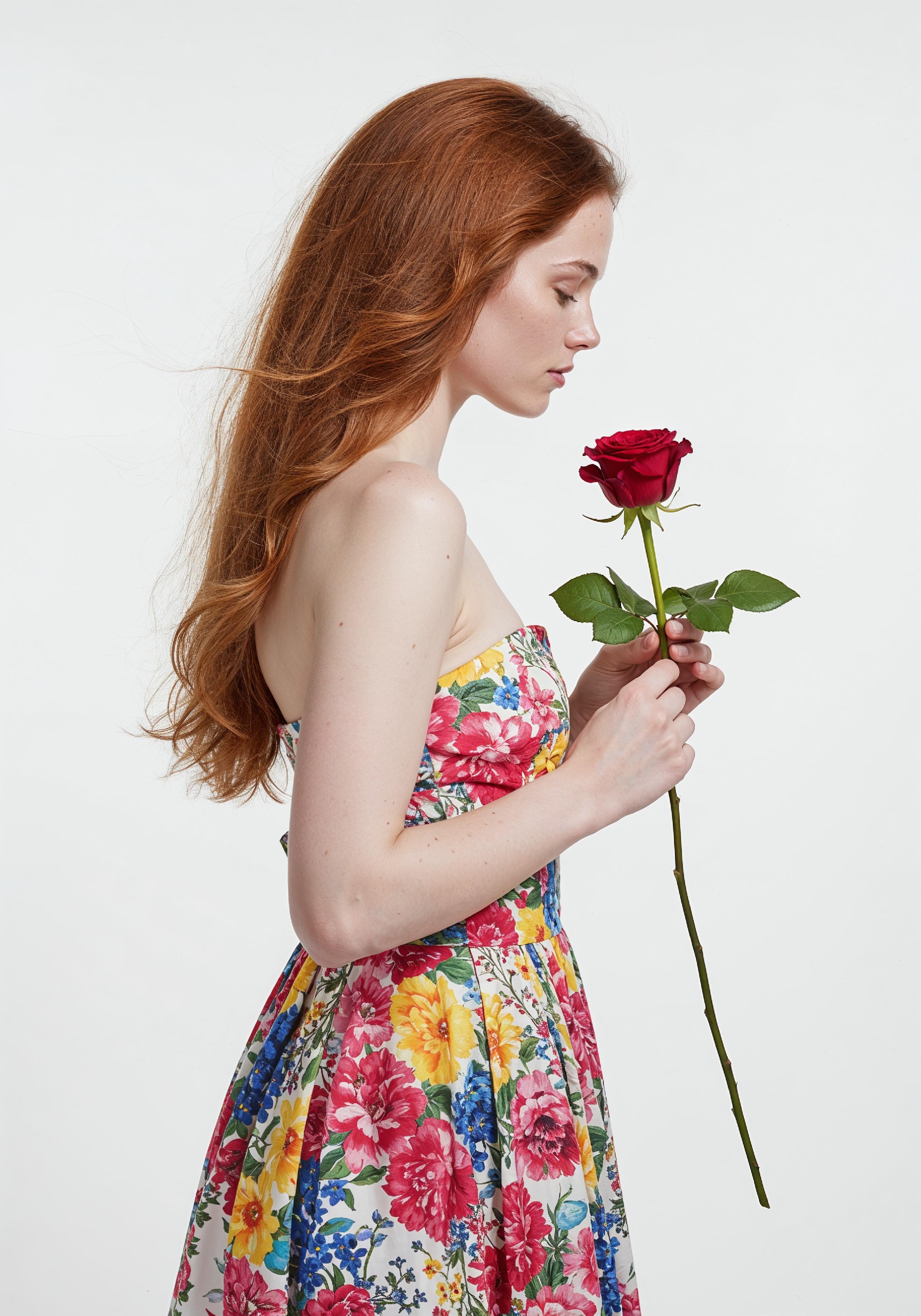 Beautiful Young Woman Holding Red Rose in Elegant Dress Romantic Portrait
