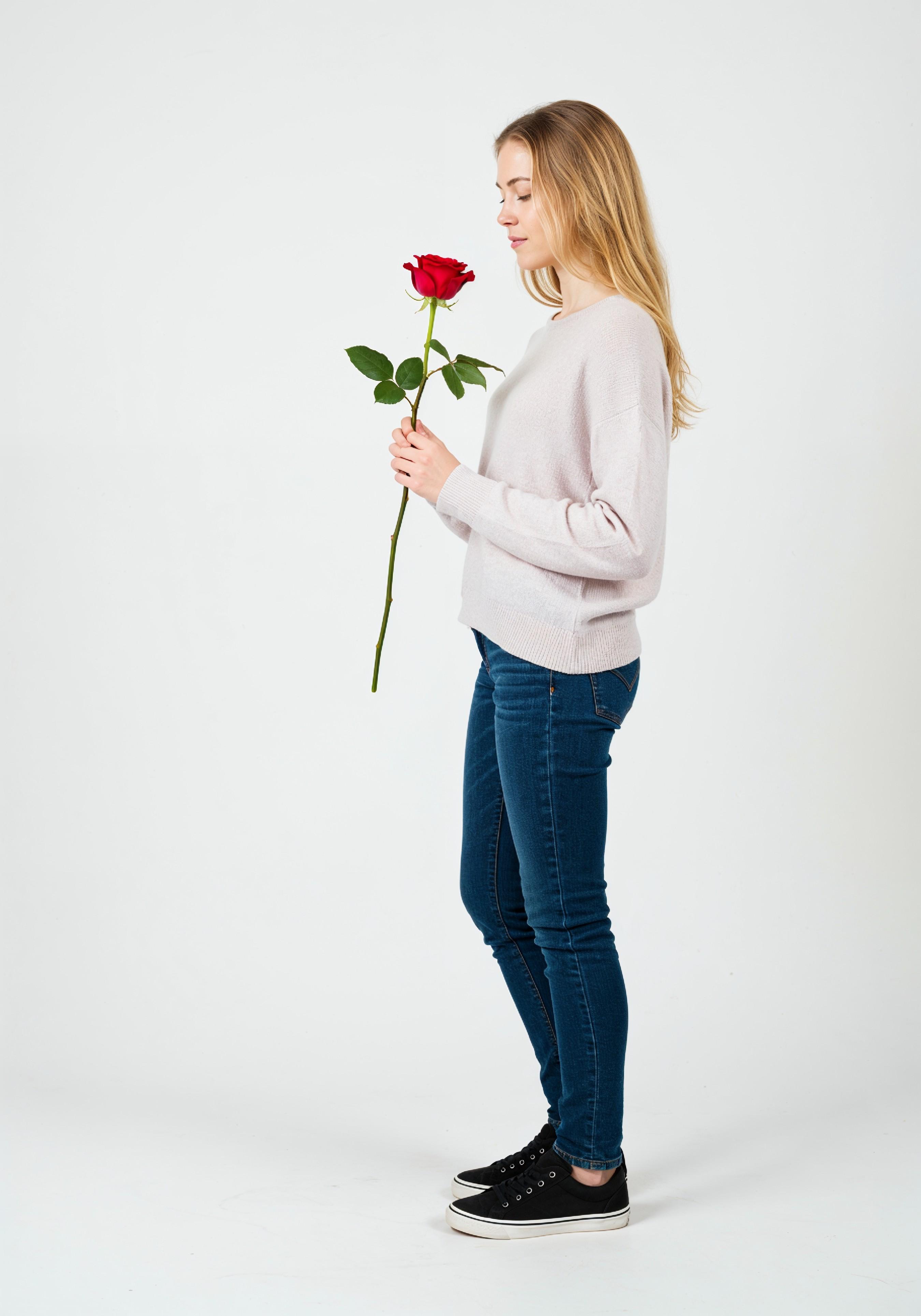 Beautiful Young Woman Holding Red Rose in Elegant Dress Romantic Portrait