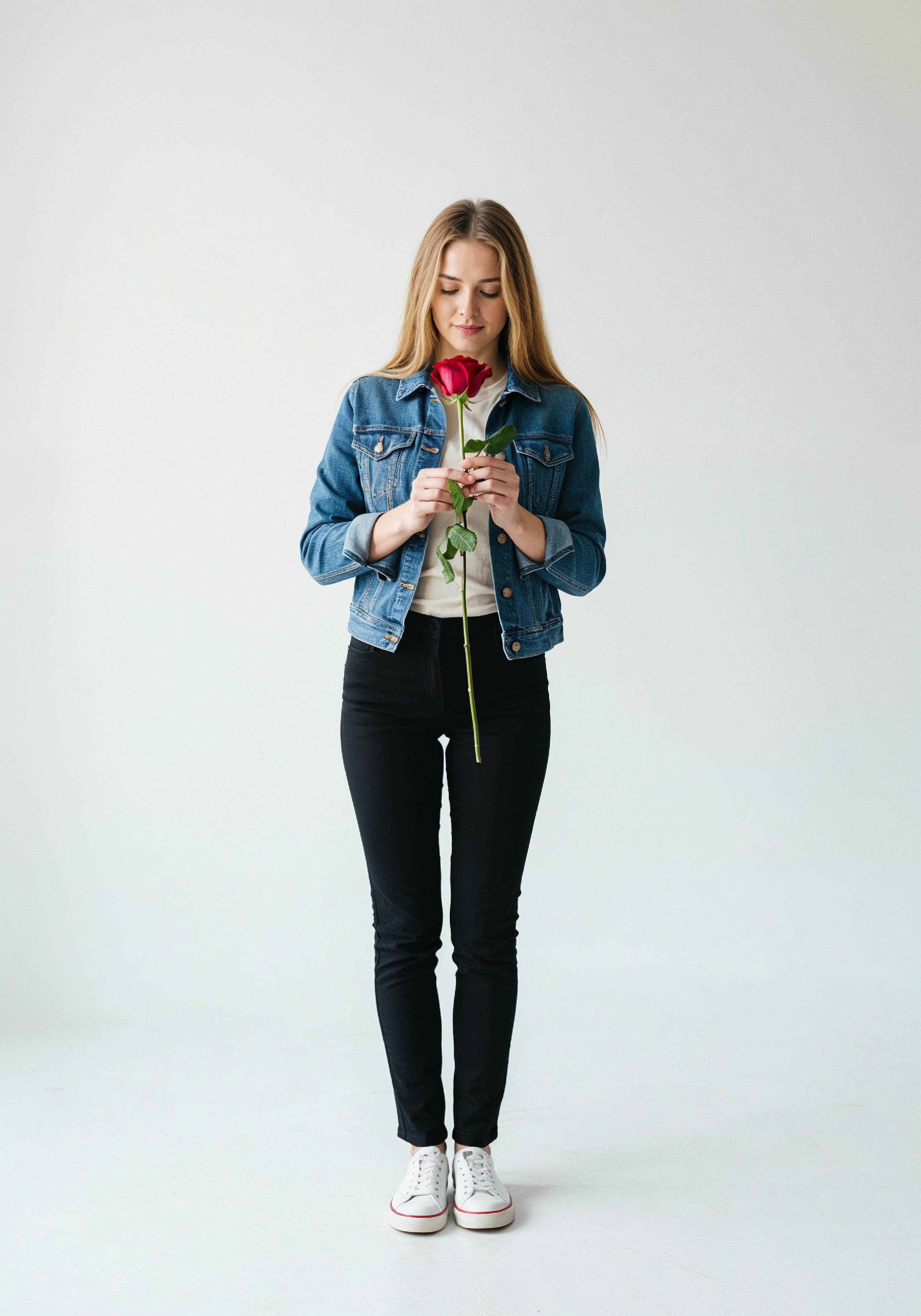 Beautiful Young Woman Holding Red Rose in Elegant Dress Romantic Portrait