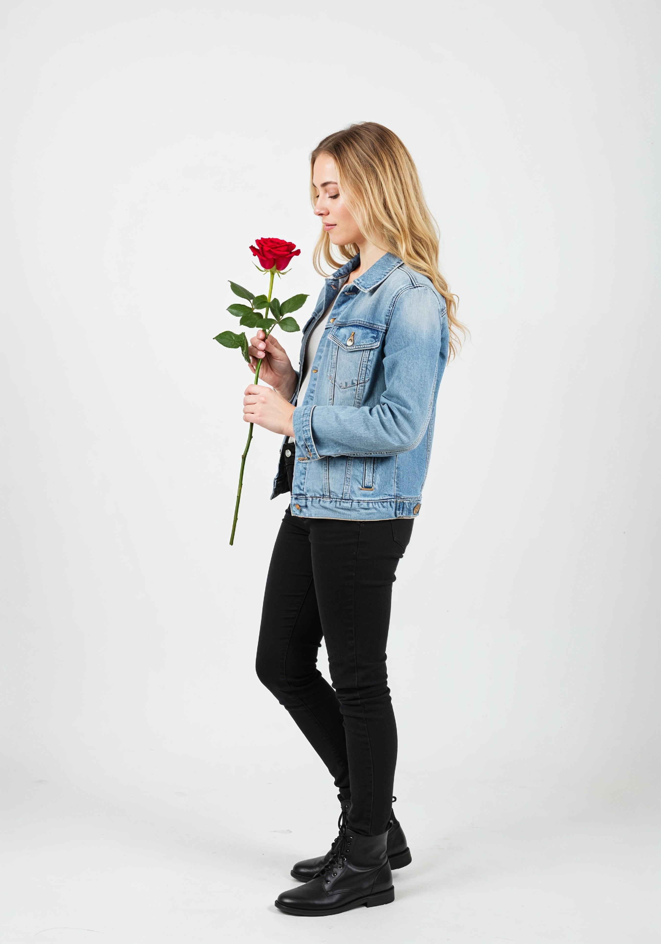 Beautiful Young Woman Holding Red Rose in Elegant Dress Romantic Portrait