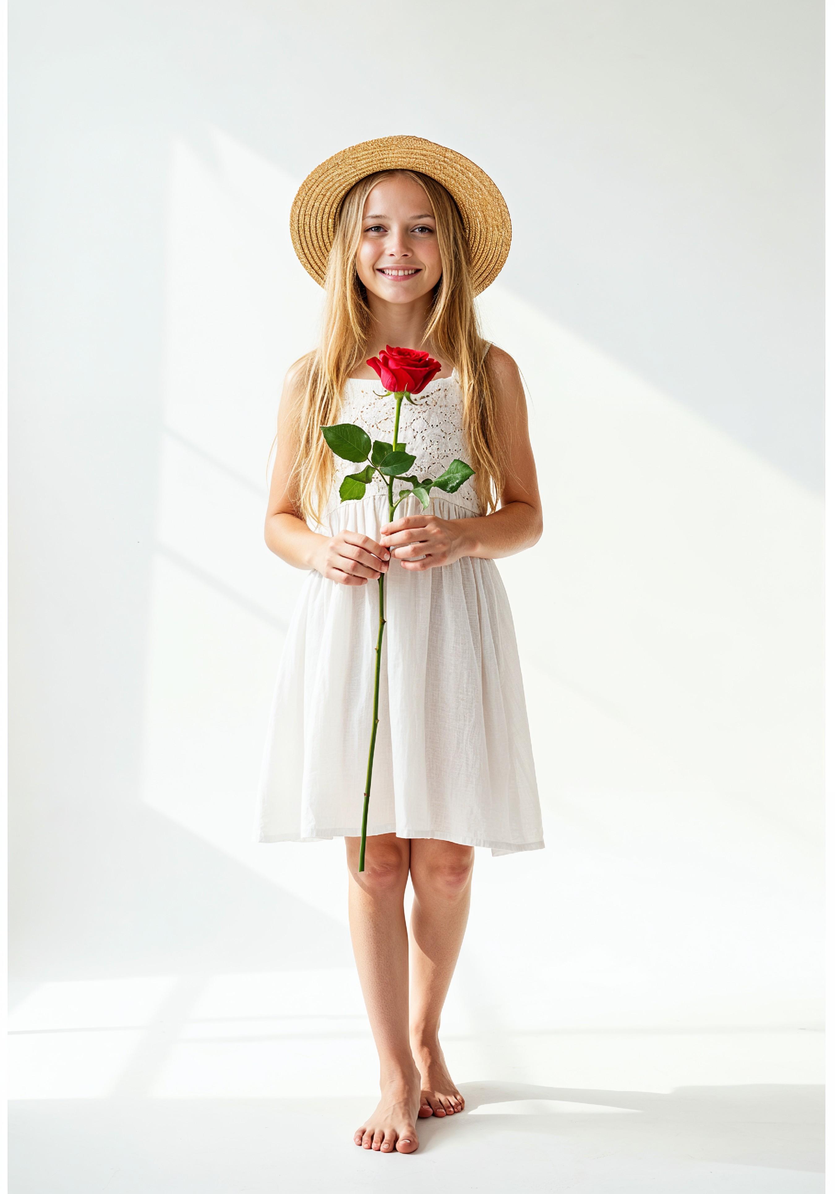Beautiful Young Woman Holding Red Rose in Elegant Dress Romantic Portrait