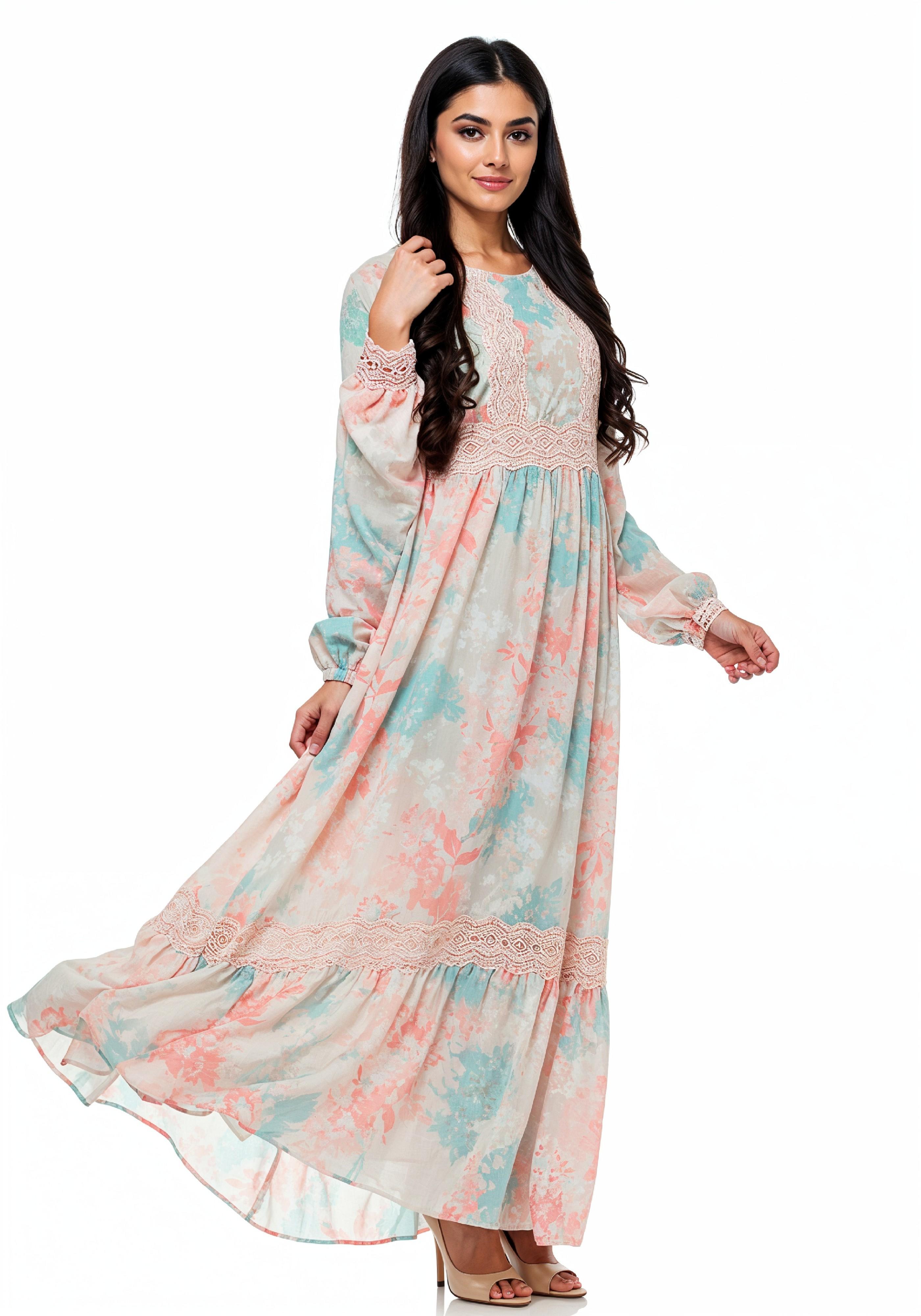 Beautiful Young Woman in Flowing Pastel Colored Modest Dress Fashion Portrait