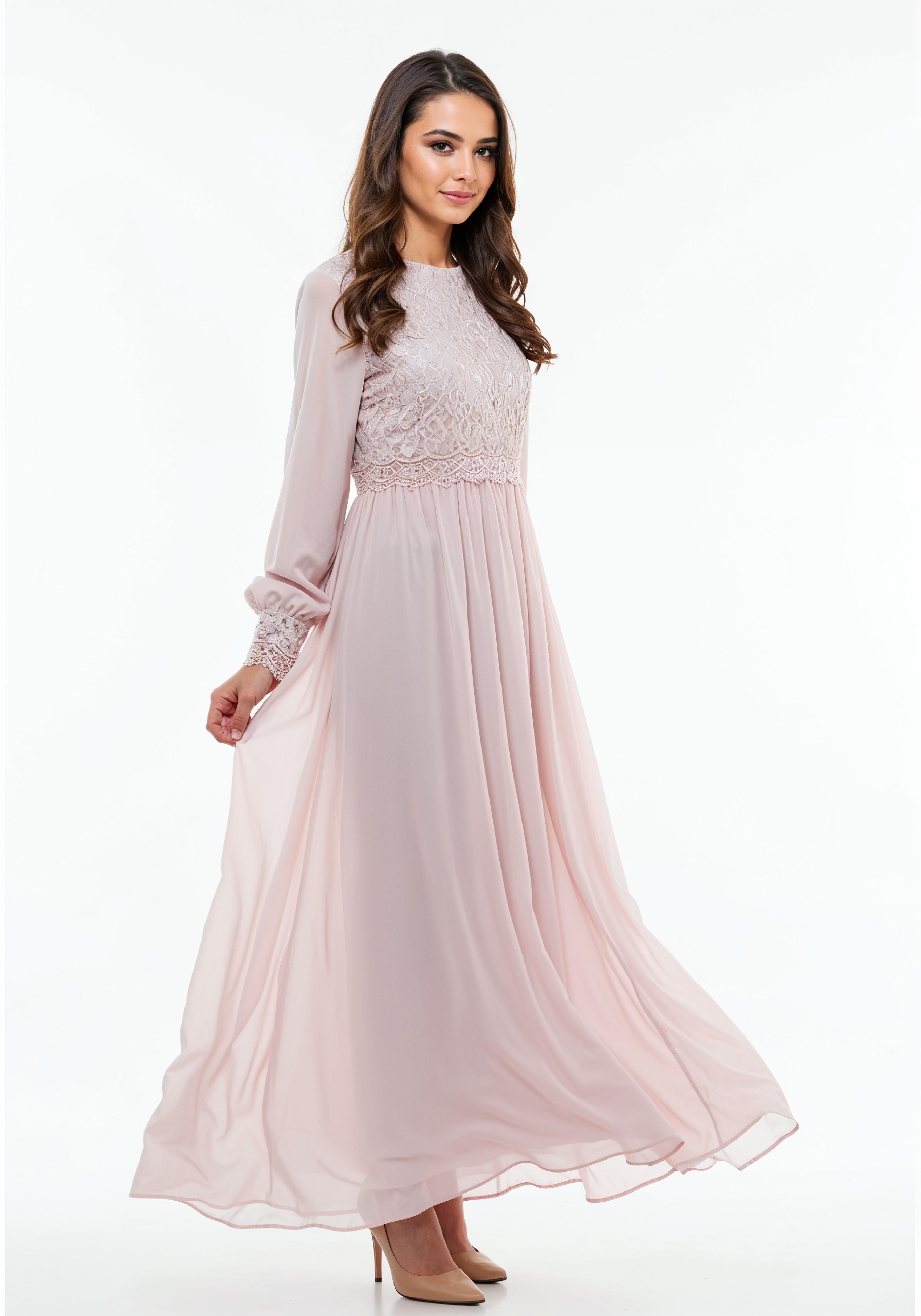 Beautiful Young Woman in Flowing Pastel Colored Modest Dress Fashion Portrait