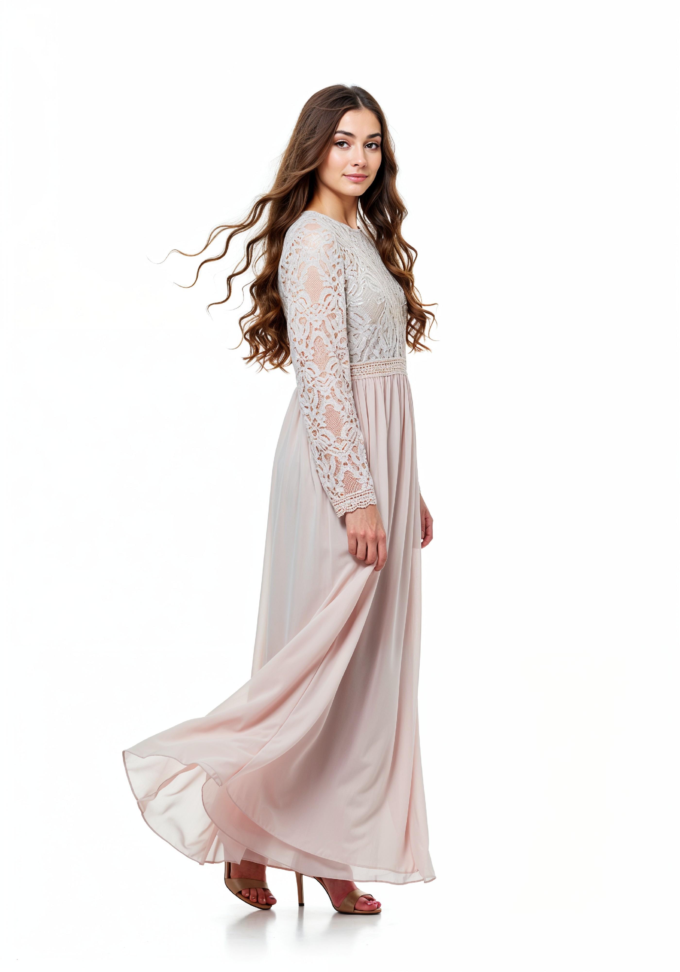 Beautiful Young Woman in Flowing Pastel Colored Modest Dress Fashion Portrait