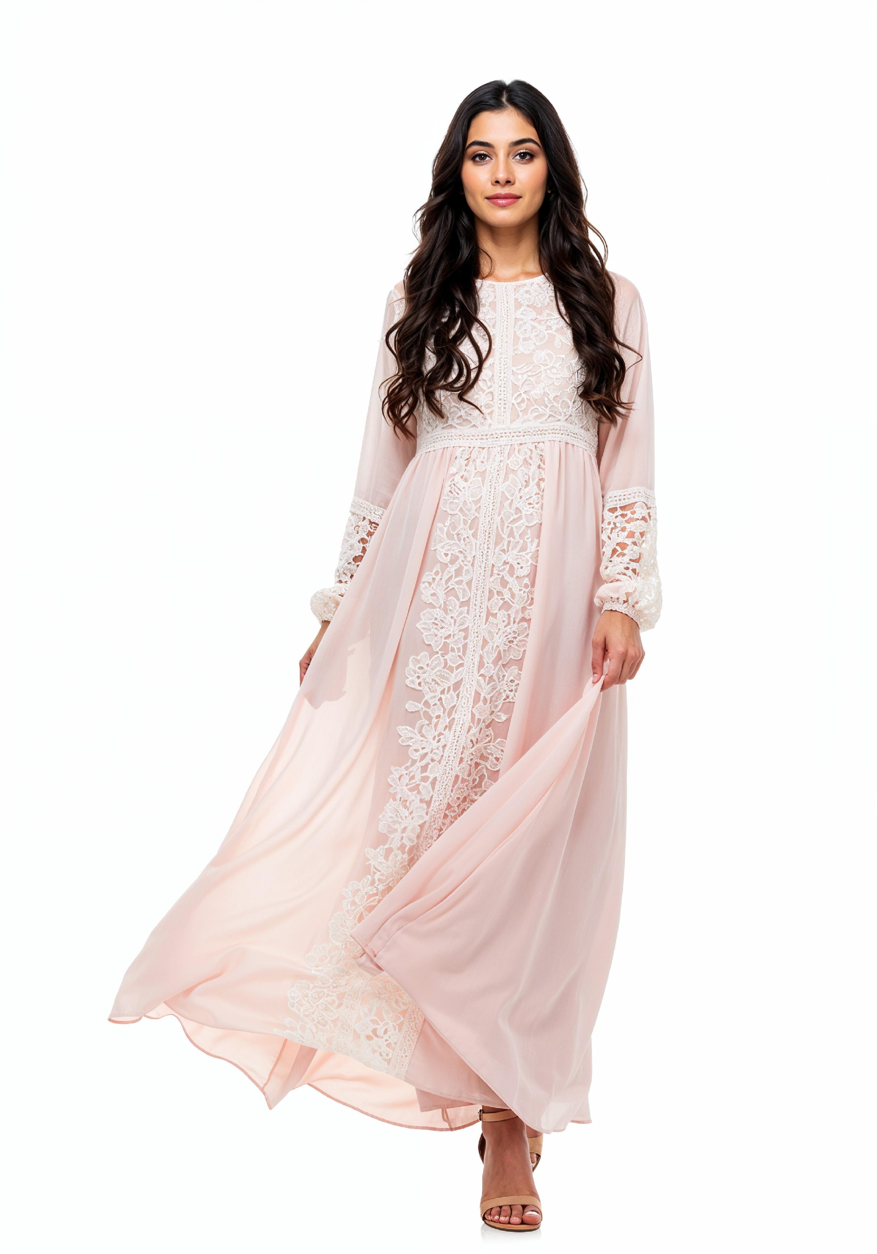 Beautiful Young Woman in Flowing Pastel Colored Modest Dress Fashion Portrait