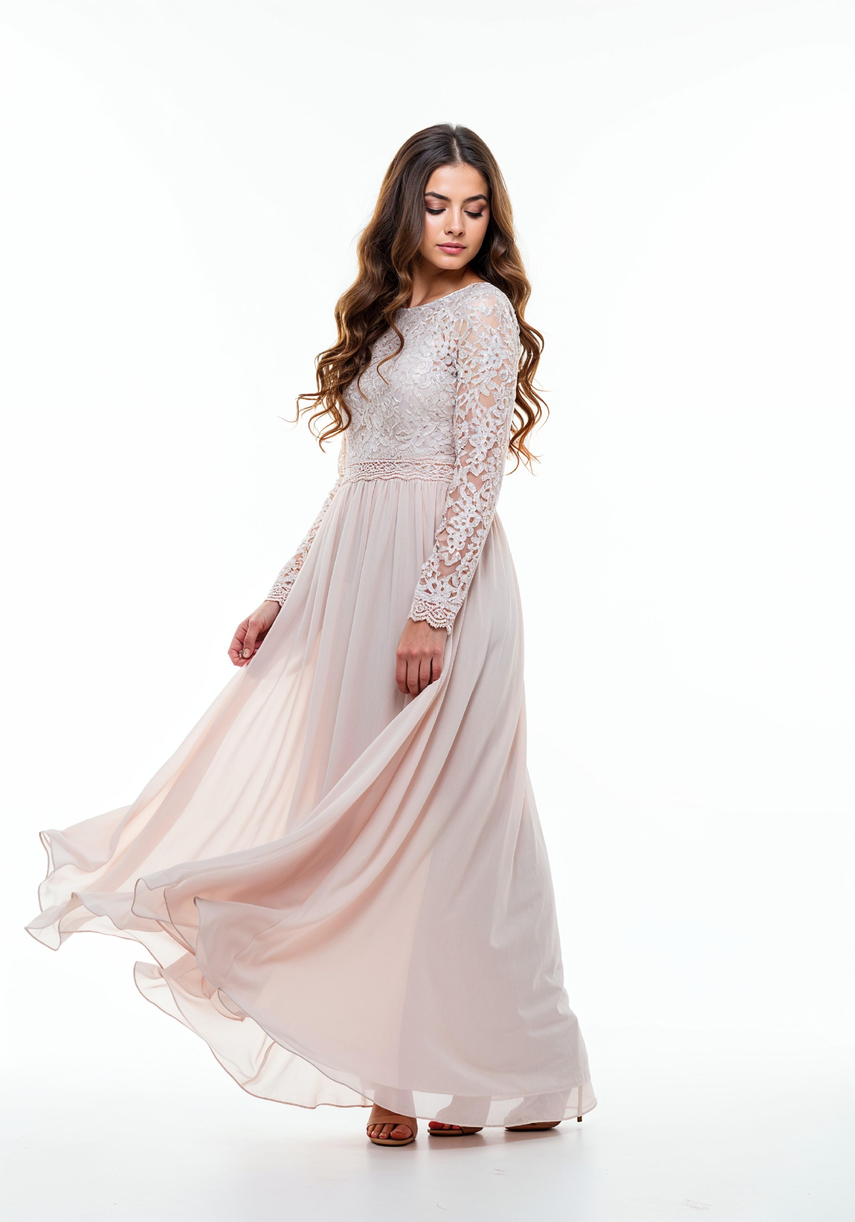 Beautiful Young Woman in Flowing Pastel Colored Modest Dress Fashion Portrait