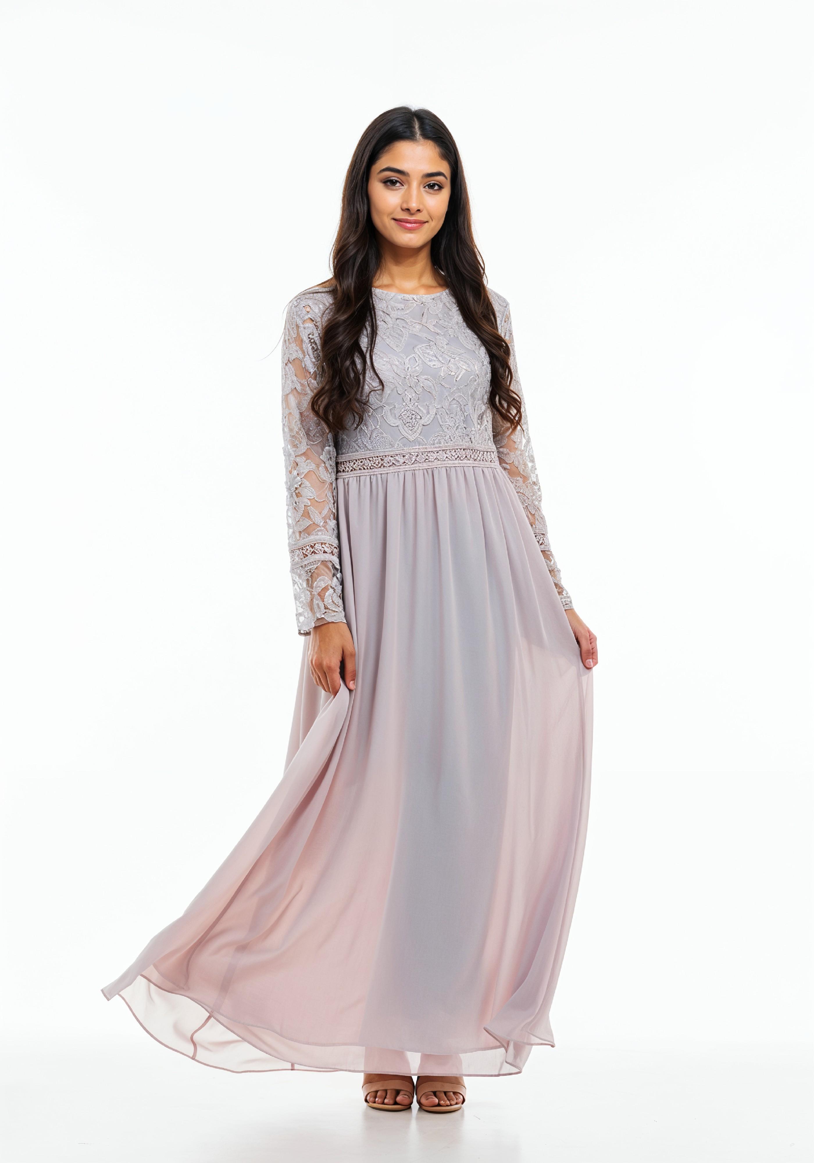 Beautiful Young Woman in Flowing Pastel Colored Modest Dress Fashion Portrait