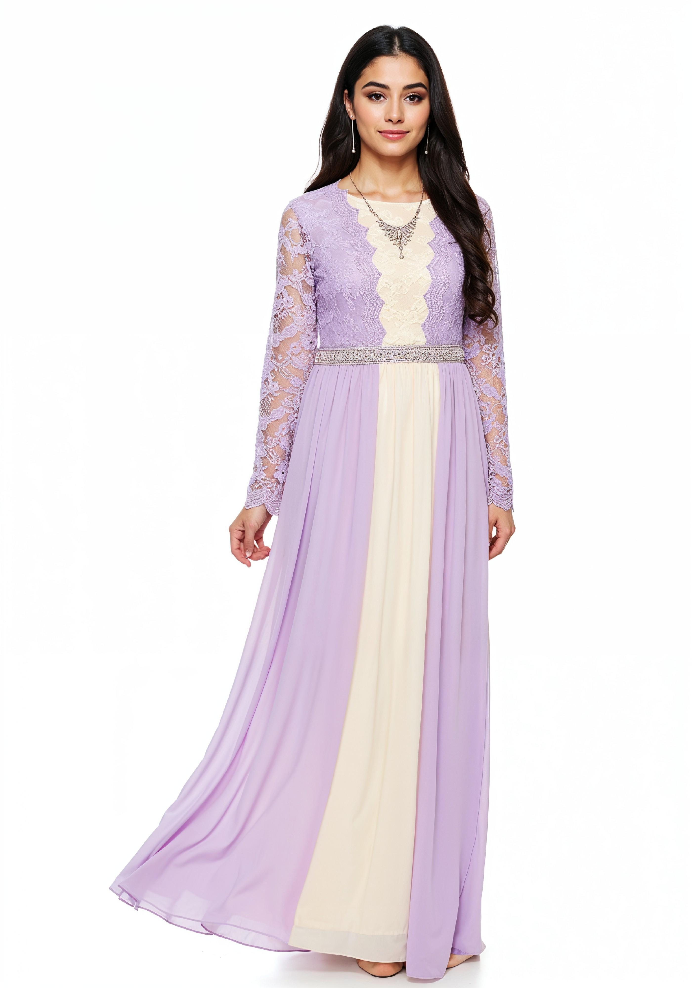 Beautiful Young Woman in Flowing Pastel Colored Modest Dress Fashion Portrait