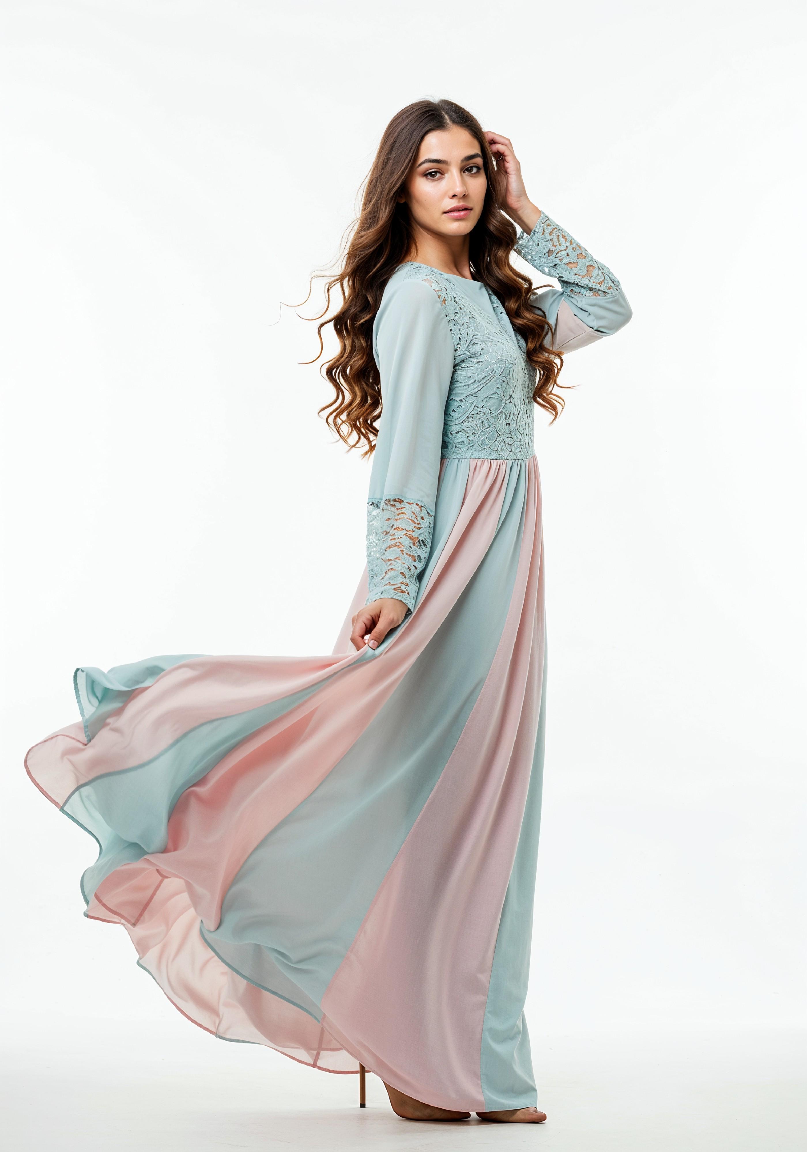 Beautiful Young Woman in Flowing Pastel Colored Modest Dress Fashion Portrait