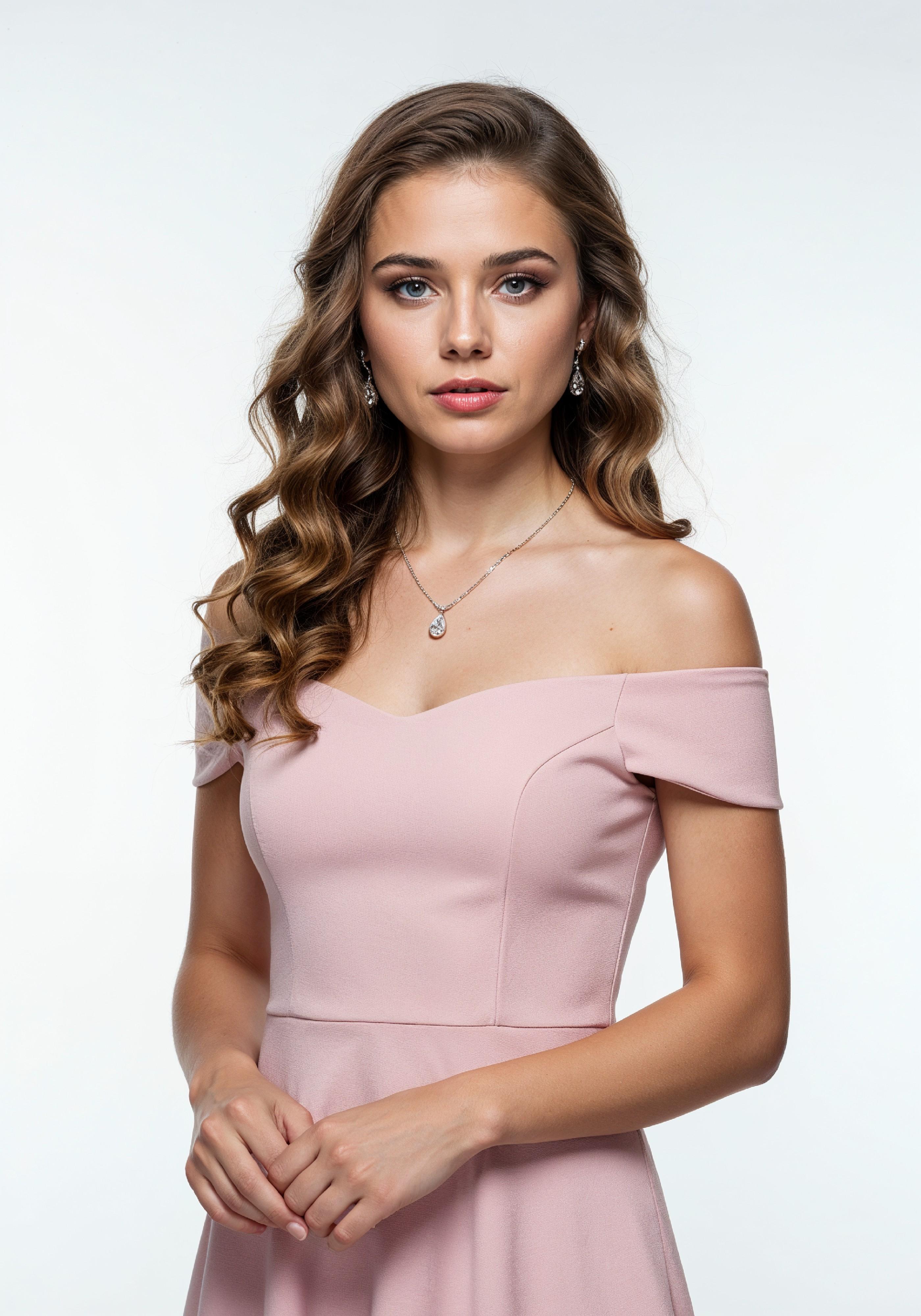 Beautiful Young Woman in Trendy Luxury Pink Off-Shoulder Dress Fashion Portrait