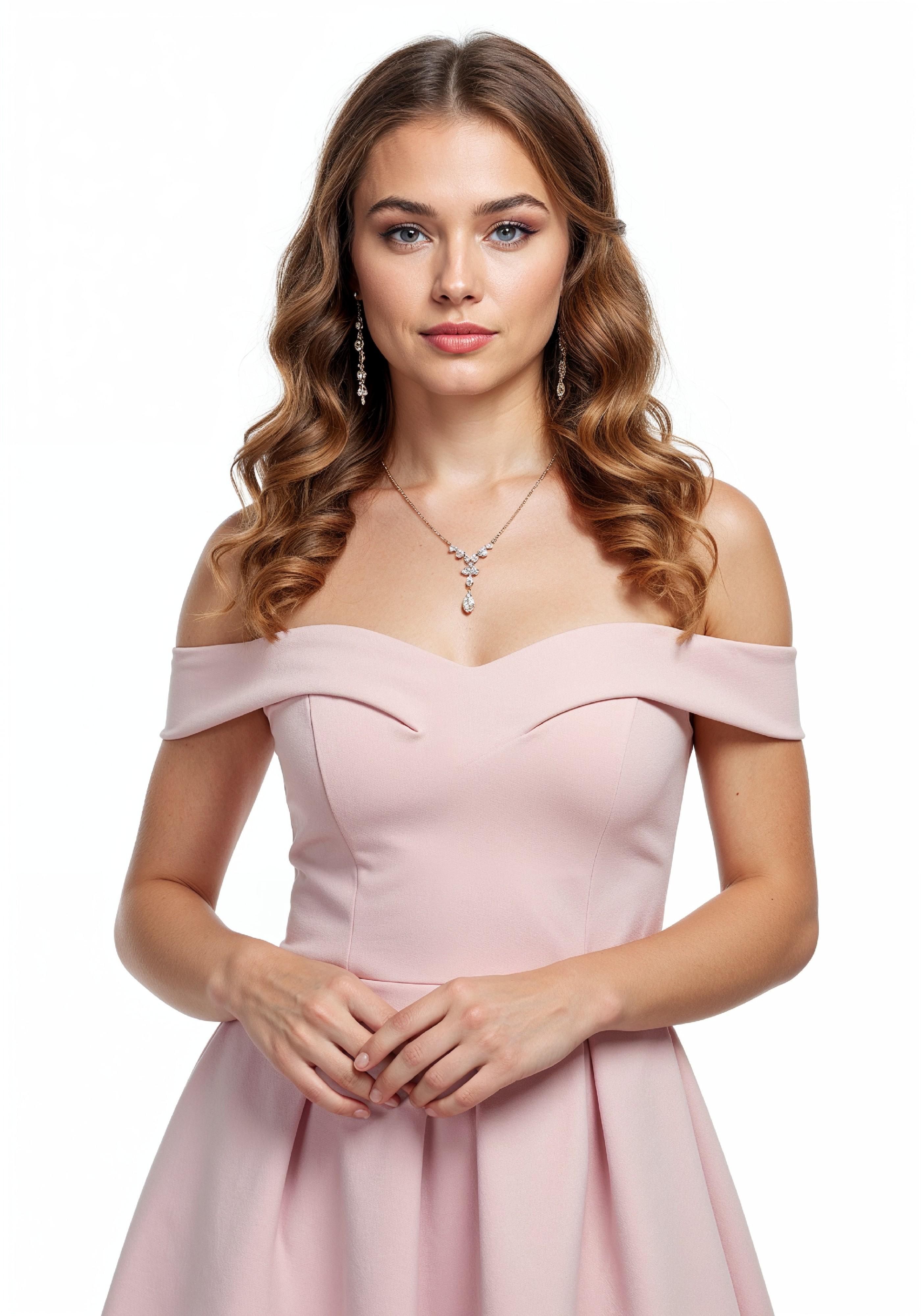 Beautiful Young Woman in Trendy Luxury Pink Off-Shoulder Dress Fashion Portrait