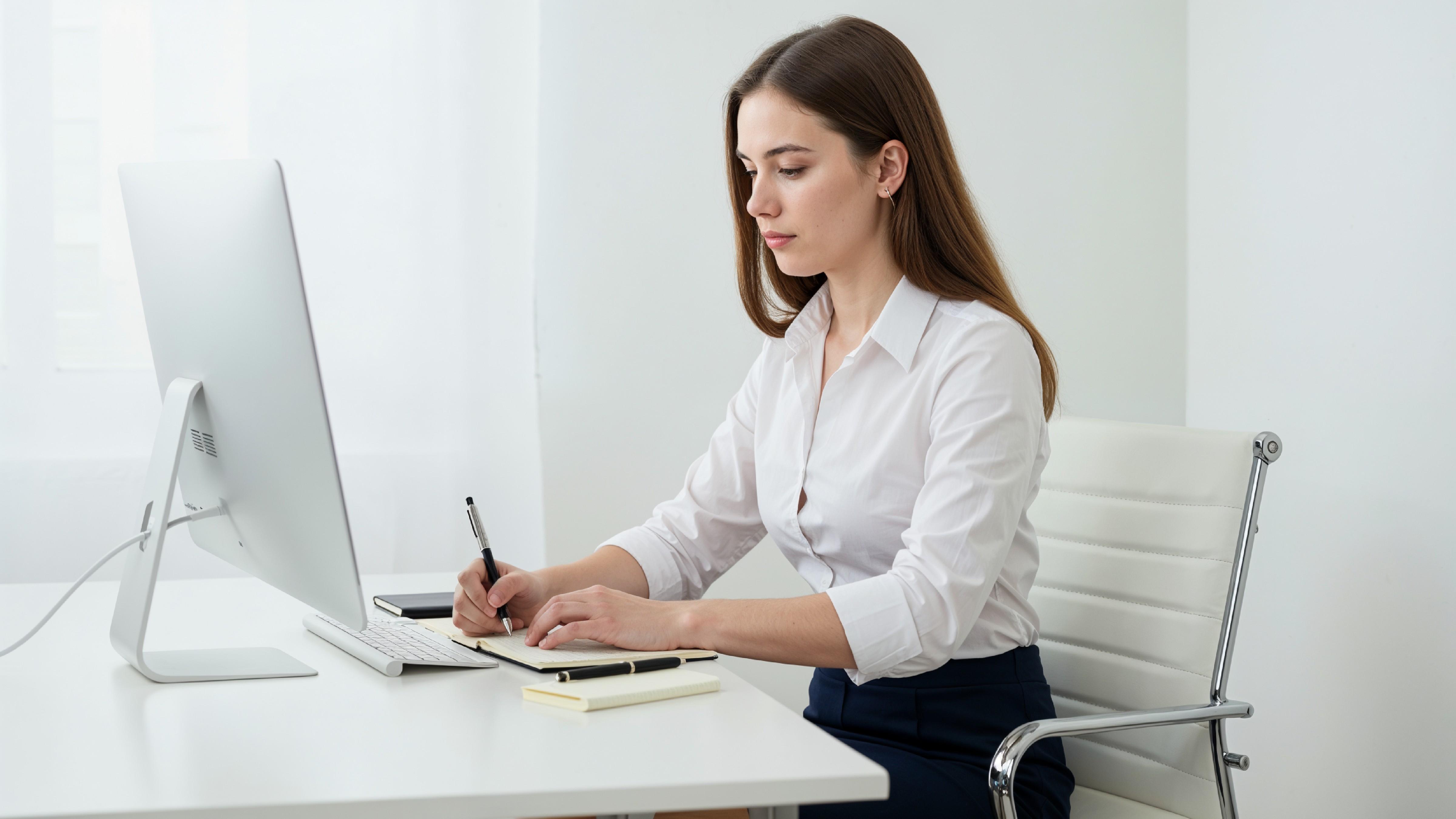 Beautiful Young Woman Working on Laptop at Modern Office Desk, Professional Business Portrait