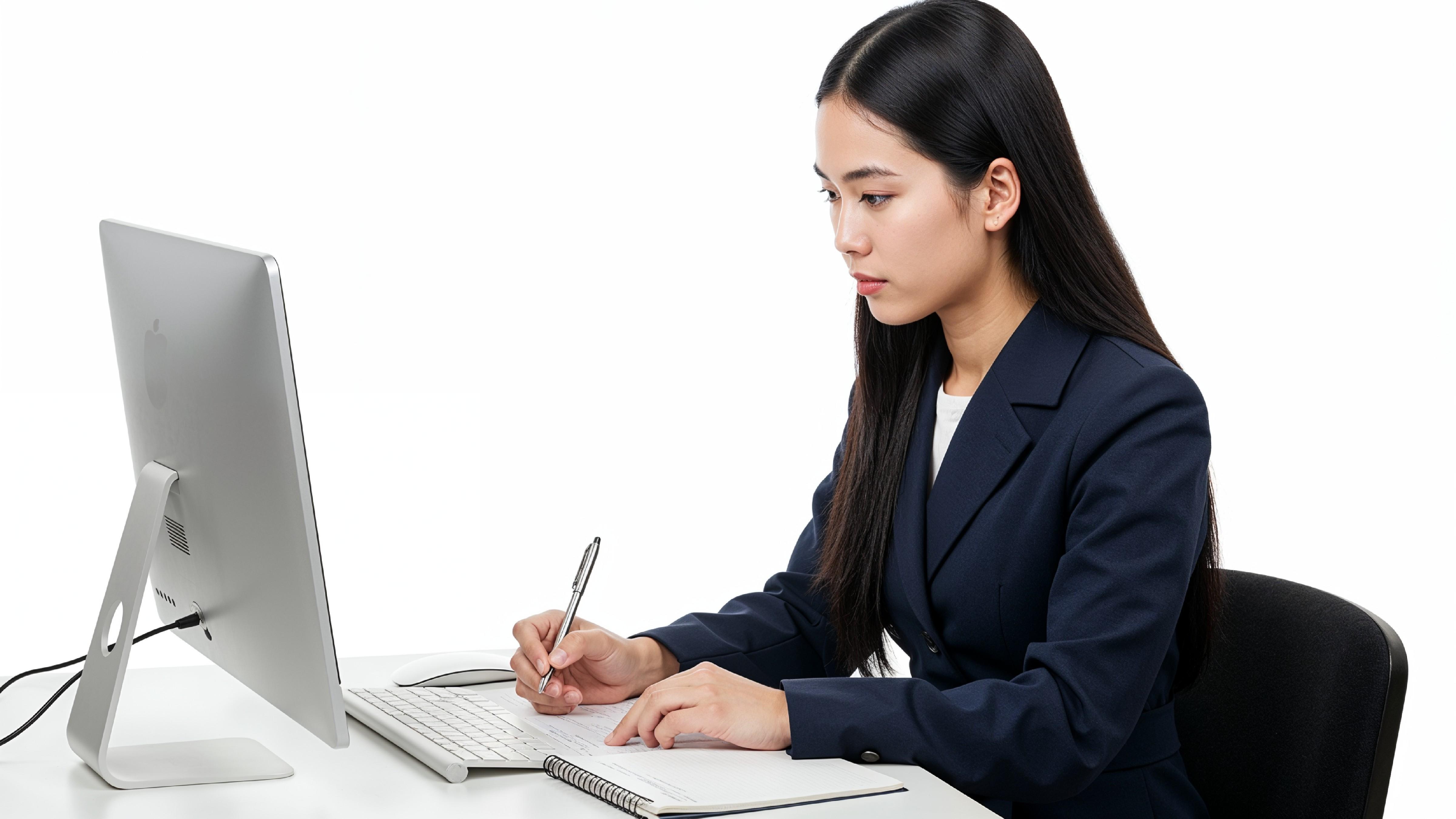 Beautiful Young Woman Working on Laptop at Modern Office Desk, Professional Business Portrait