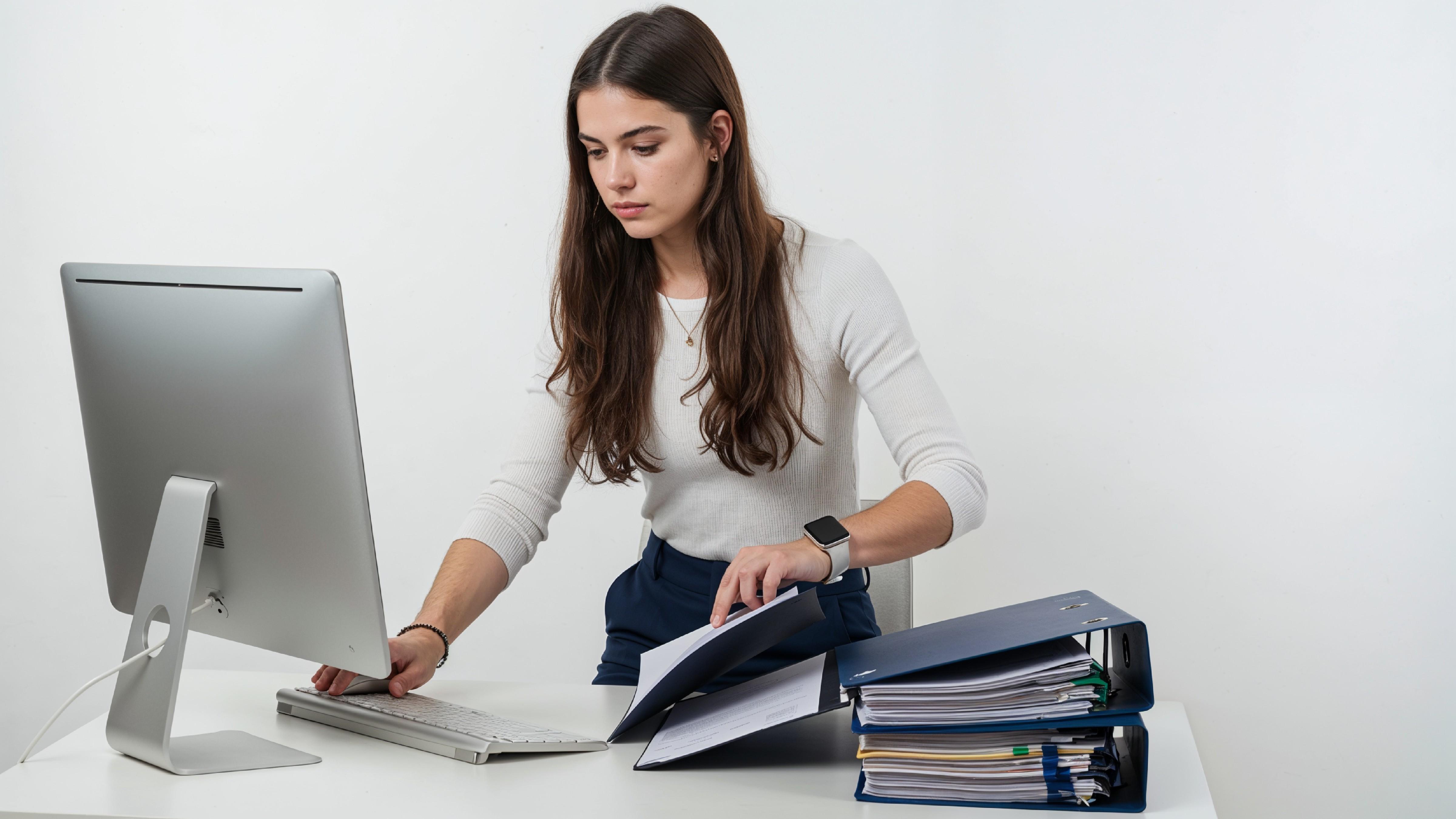 Beautiful Young Woman Working on Laptop at Modern Office Desk, Professional Business Portrait