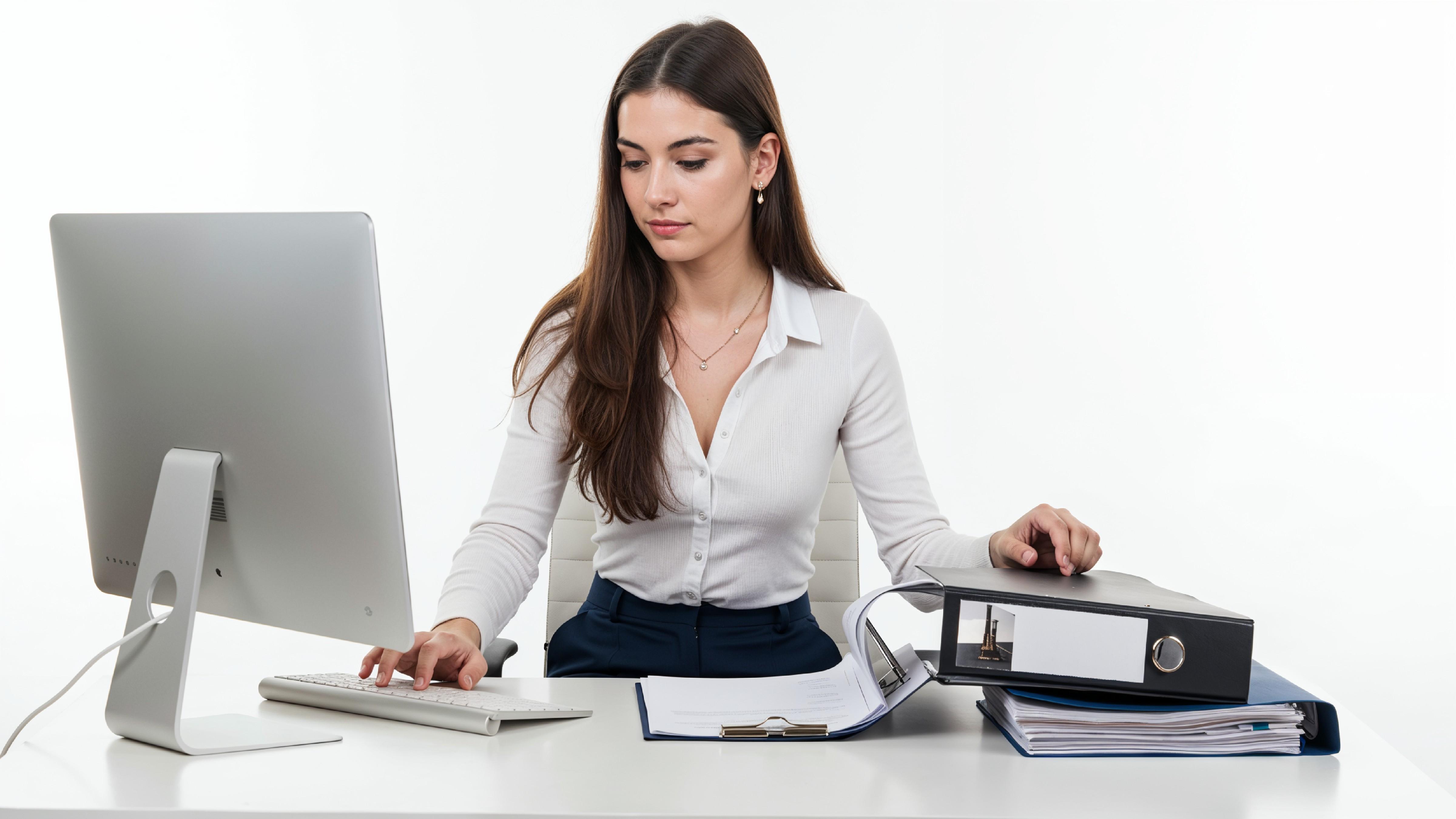 Beautiful Young Woman Working on Laptop at Modern Office Desk, Professional Business Portrait