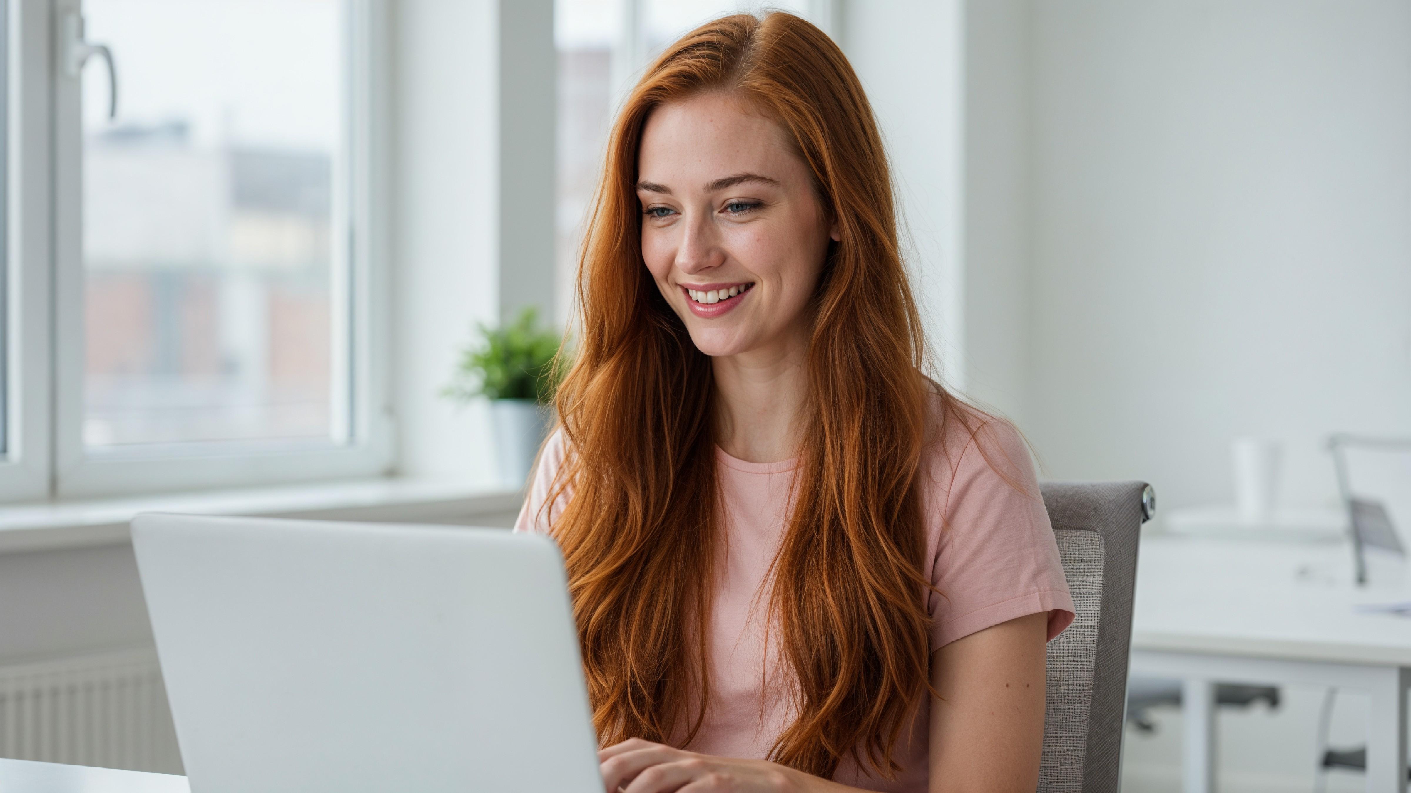 Beautiful Young Woman Working on Laptop at Modern Office Desk, Professional Business Portrait