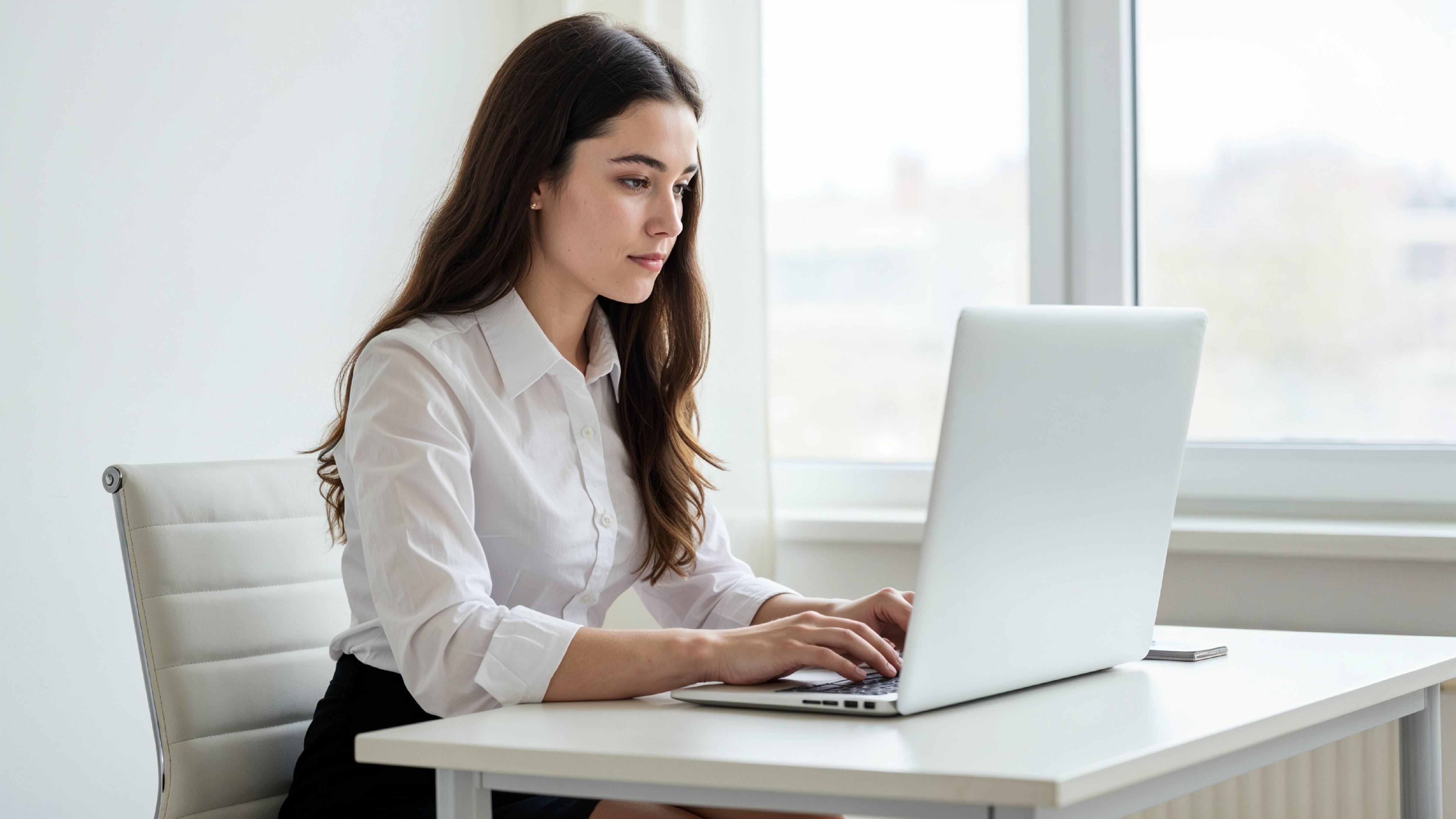 Beautiful Young Woman Working on Laptop at Modern Office Desk, Professional Business Portrait