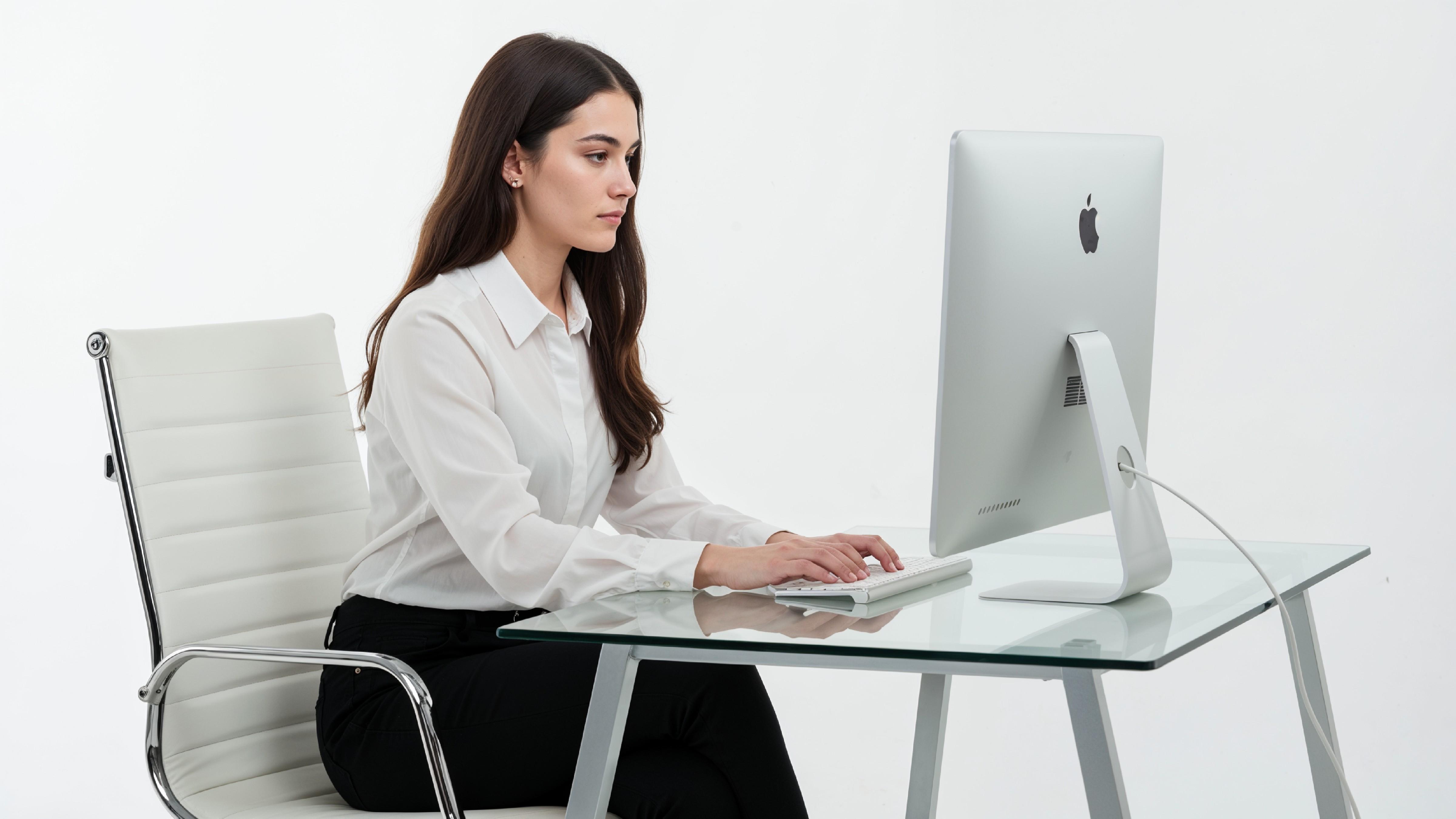 Beautiful Young Woman Working on Laptop at Modern Office Desk, Professional Business Portrait