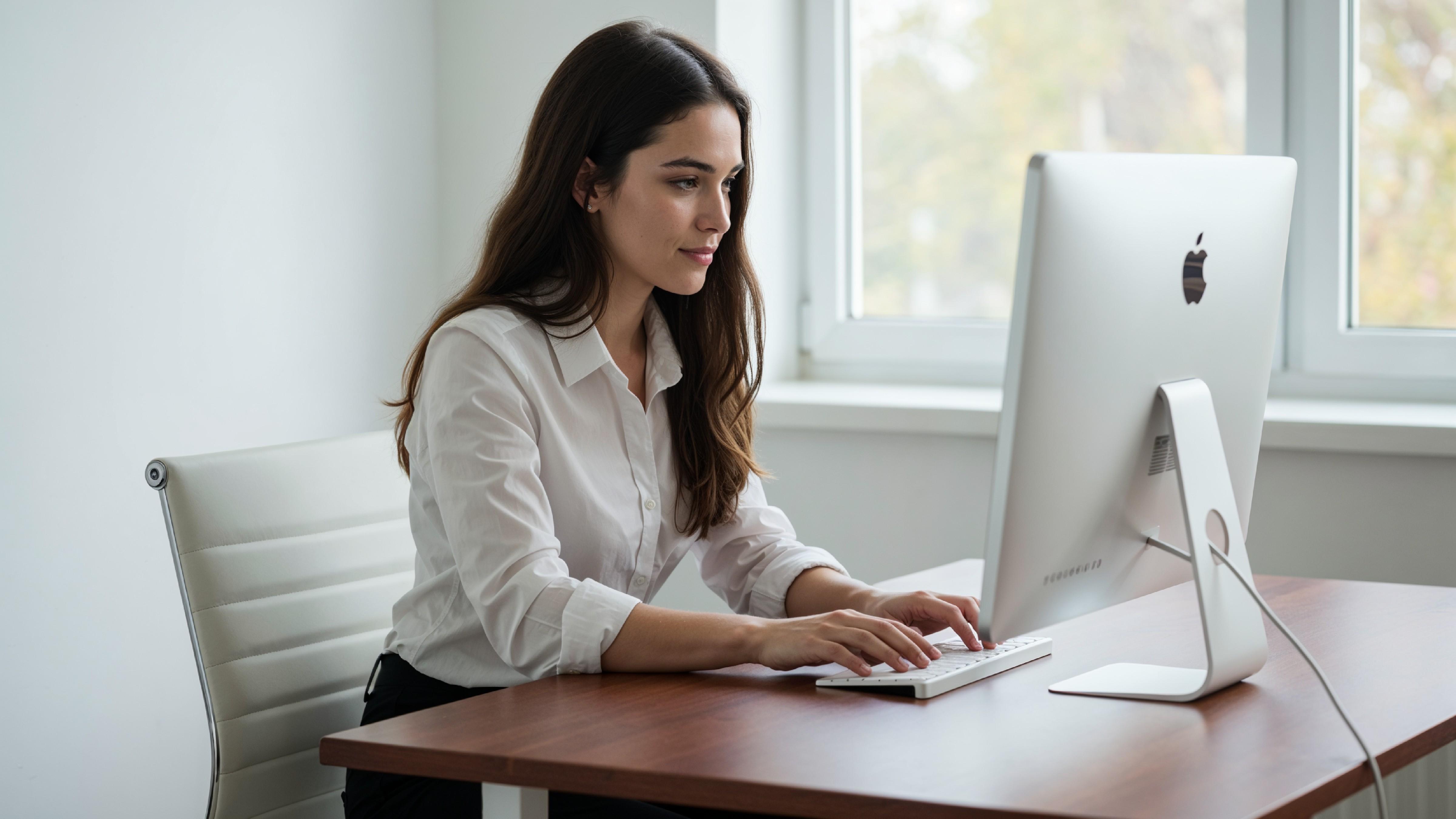 Beautiful Young Woman Working on Laptop at Modern Office Desk, Professional Business Portrait