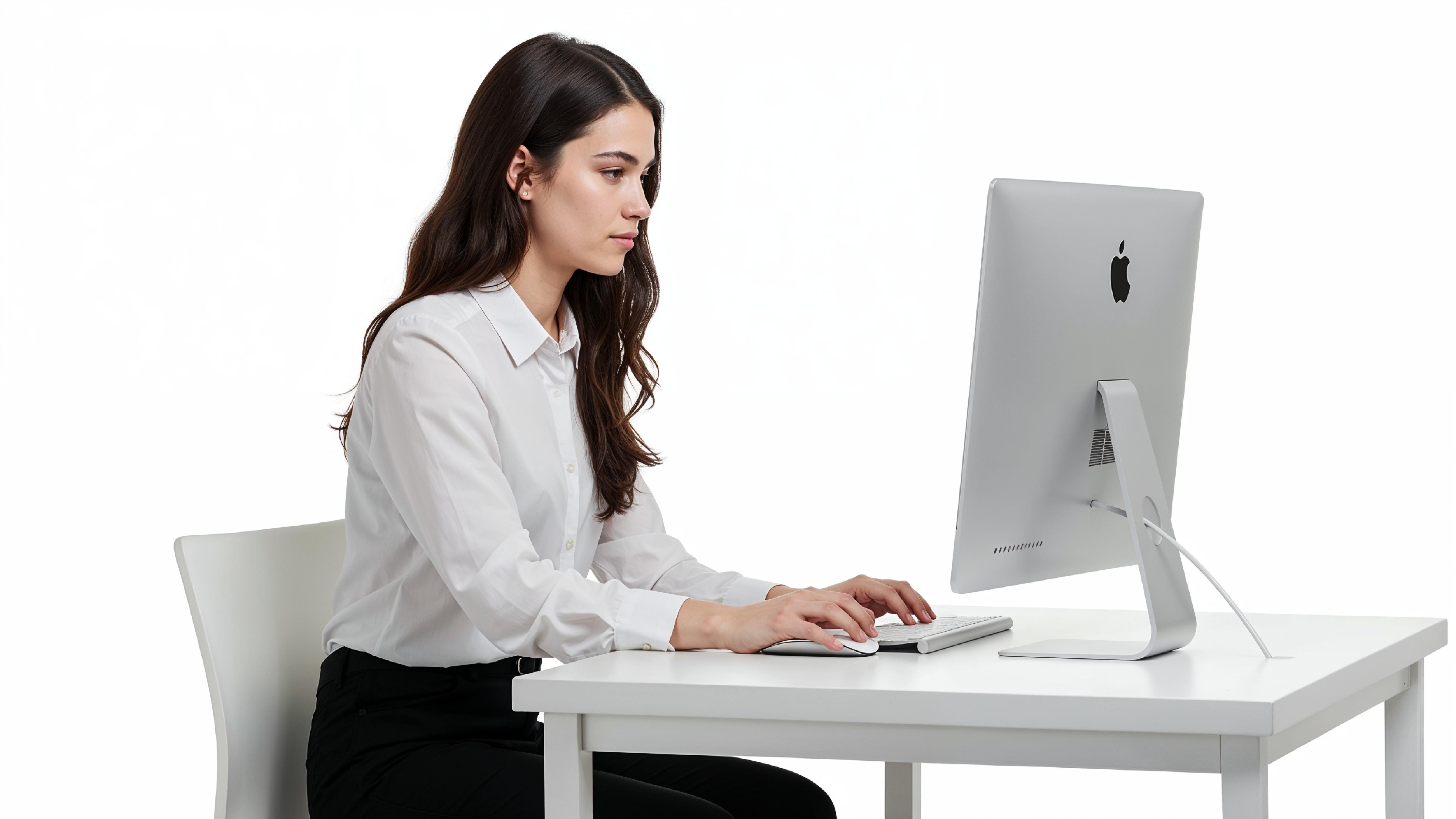 Beautiful Young Woman Working on Laptop at Modern Office Desk, Professional Business Portrait