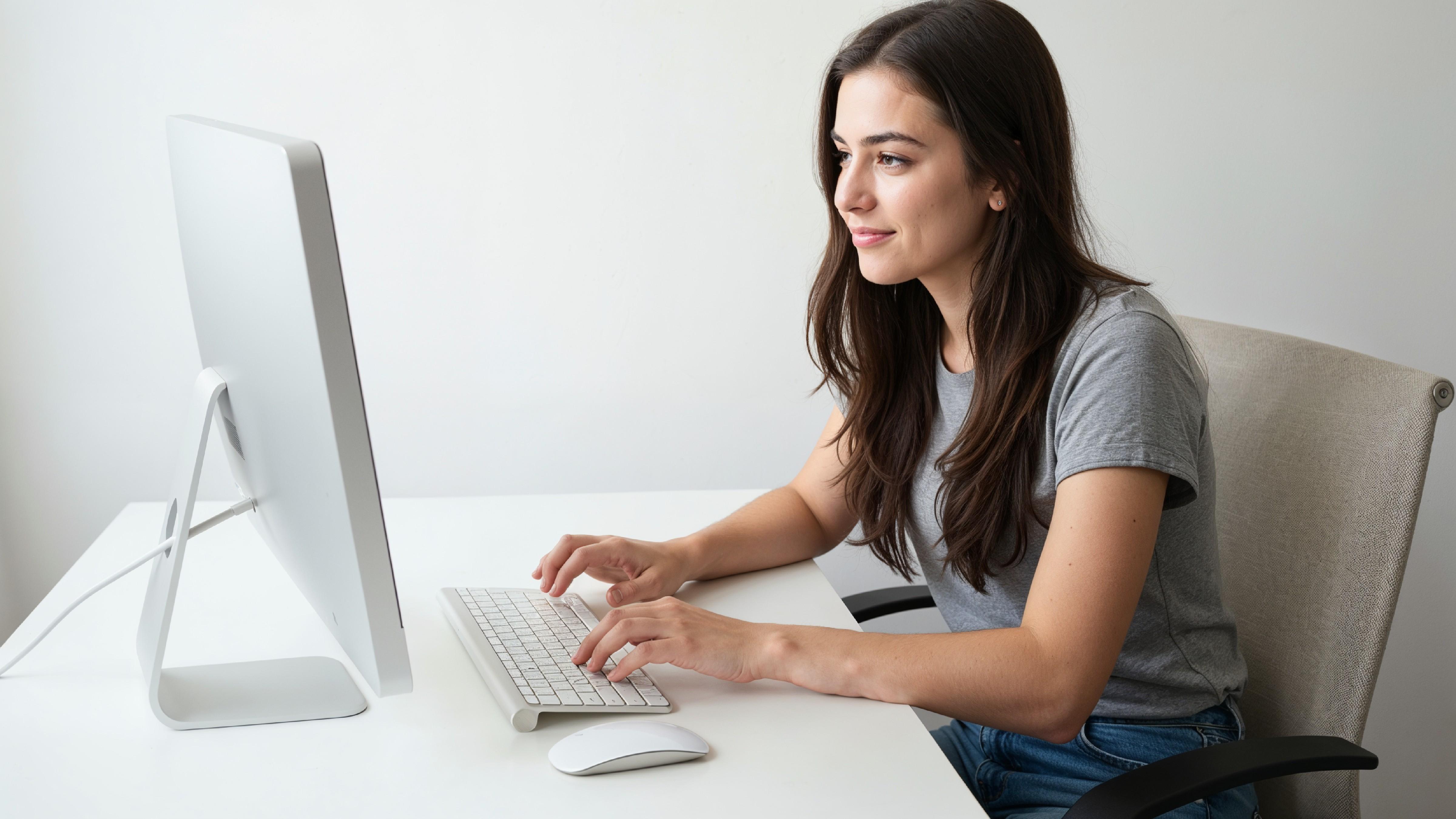 Beautiful Young Woman Working on Laptop at Modern Office Desk, Professional Business Portrait