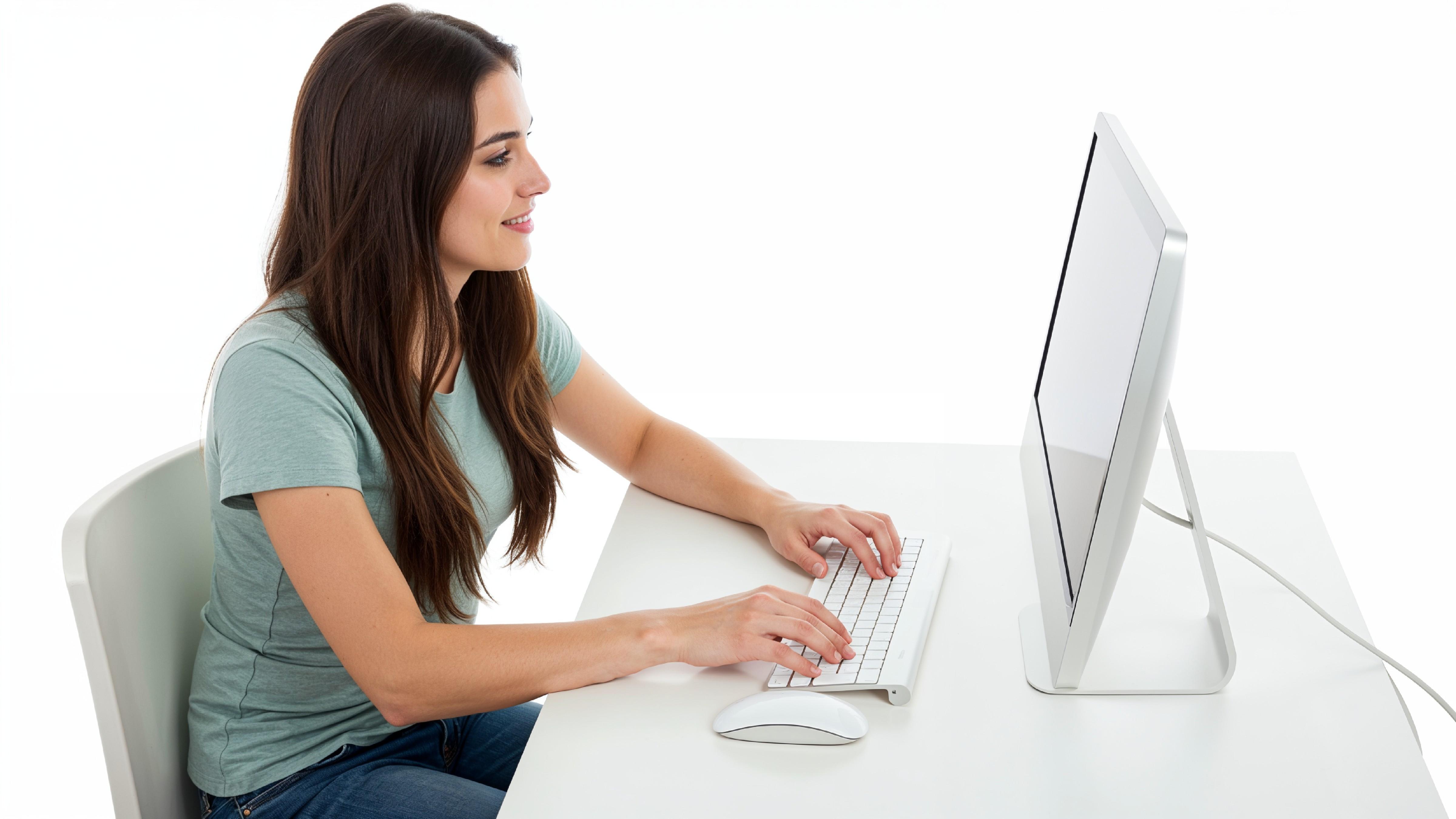 Beautiful Young Woman Working on Laptop at Modern Office Desk, Professional Business Portrait