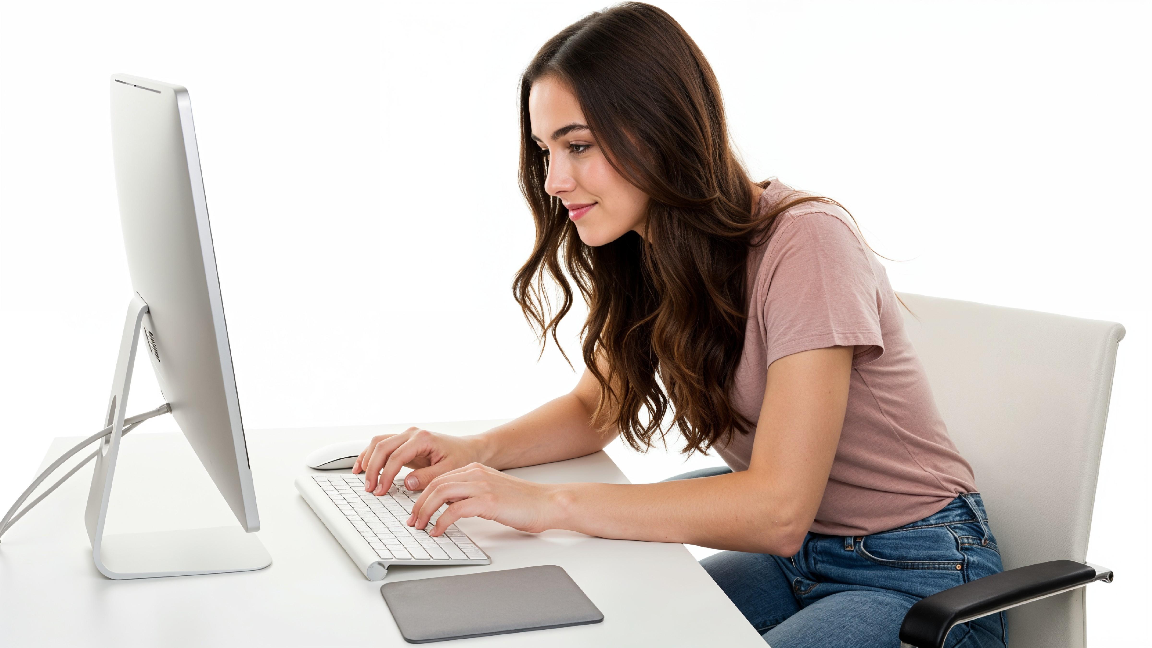 Beautiful Young Woman Working on Laptop at Modern Office Desk, Professional Business Portrait
