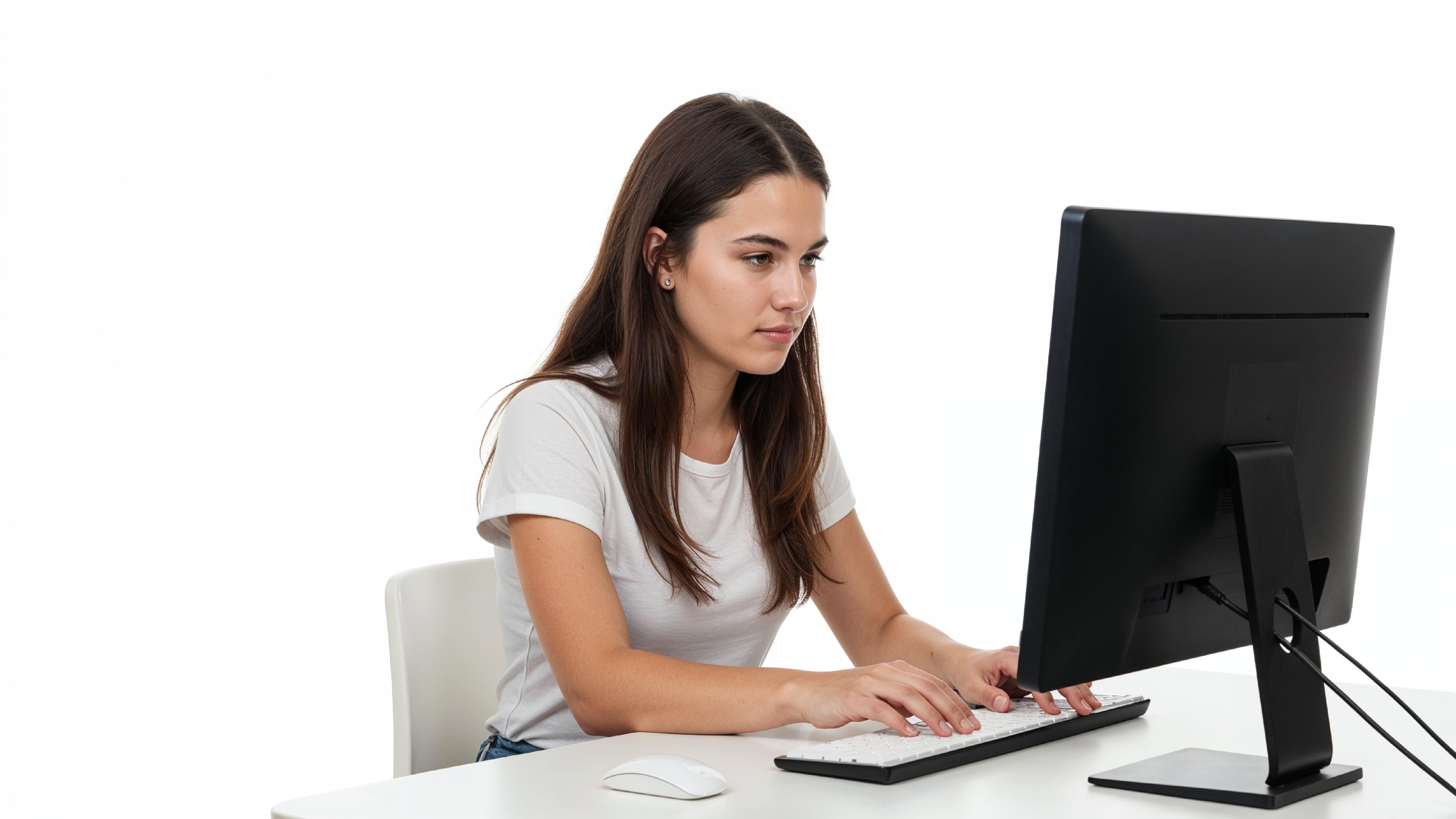 Beautiful Young Woman Working on Laptop at Modern Office Desk, Professional Business Portrait