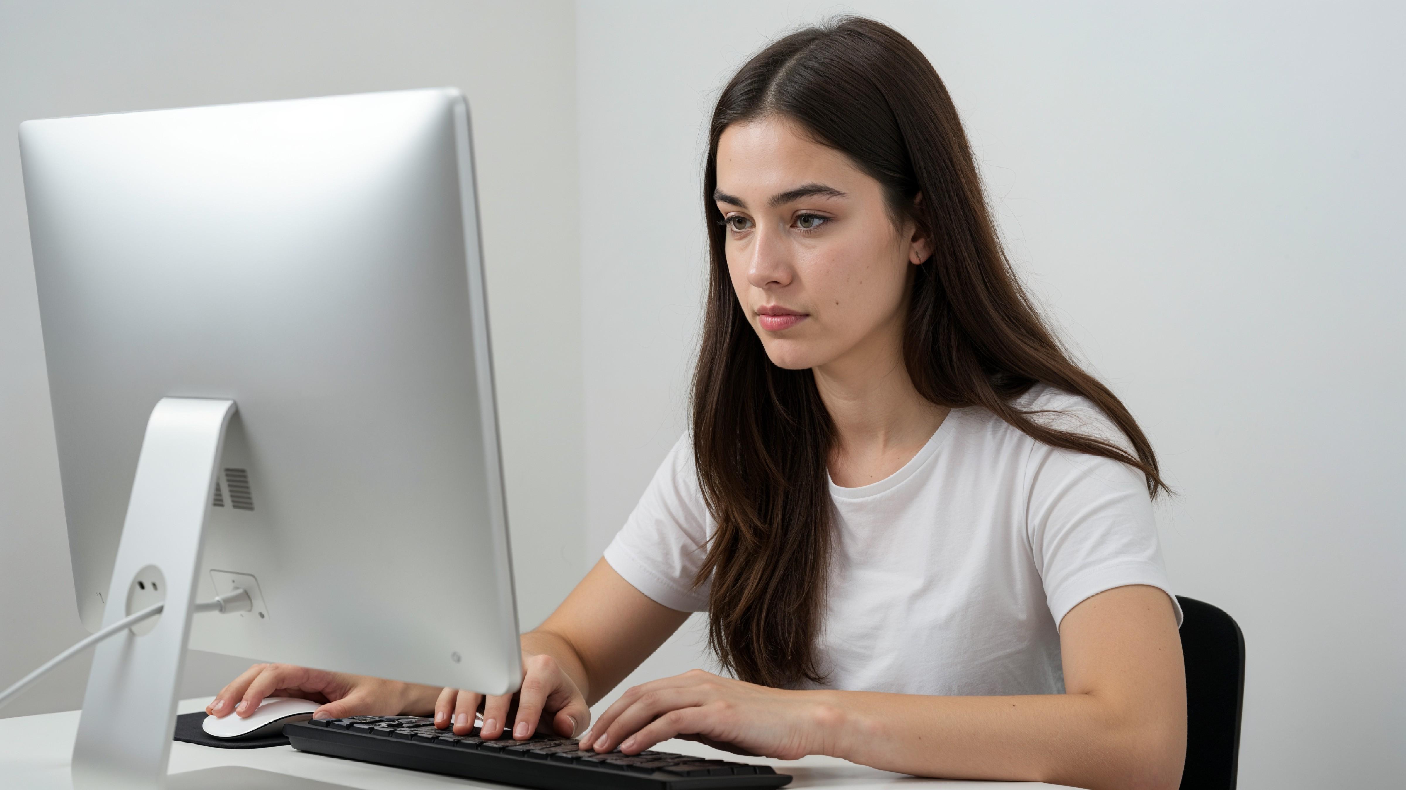 Beautiful Young Woman Working on Laptop at Modern Office Desk, Professional Business Portrait