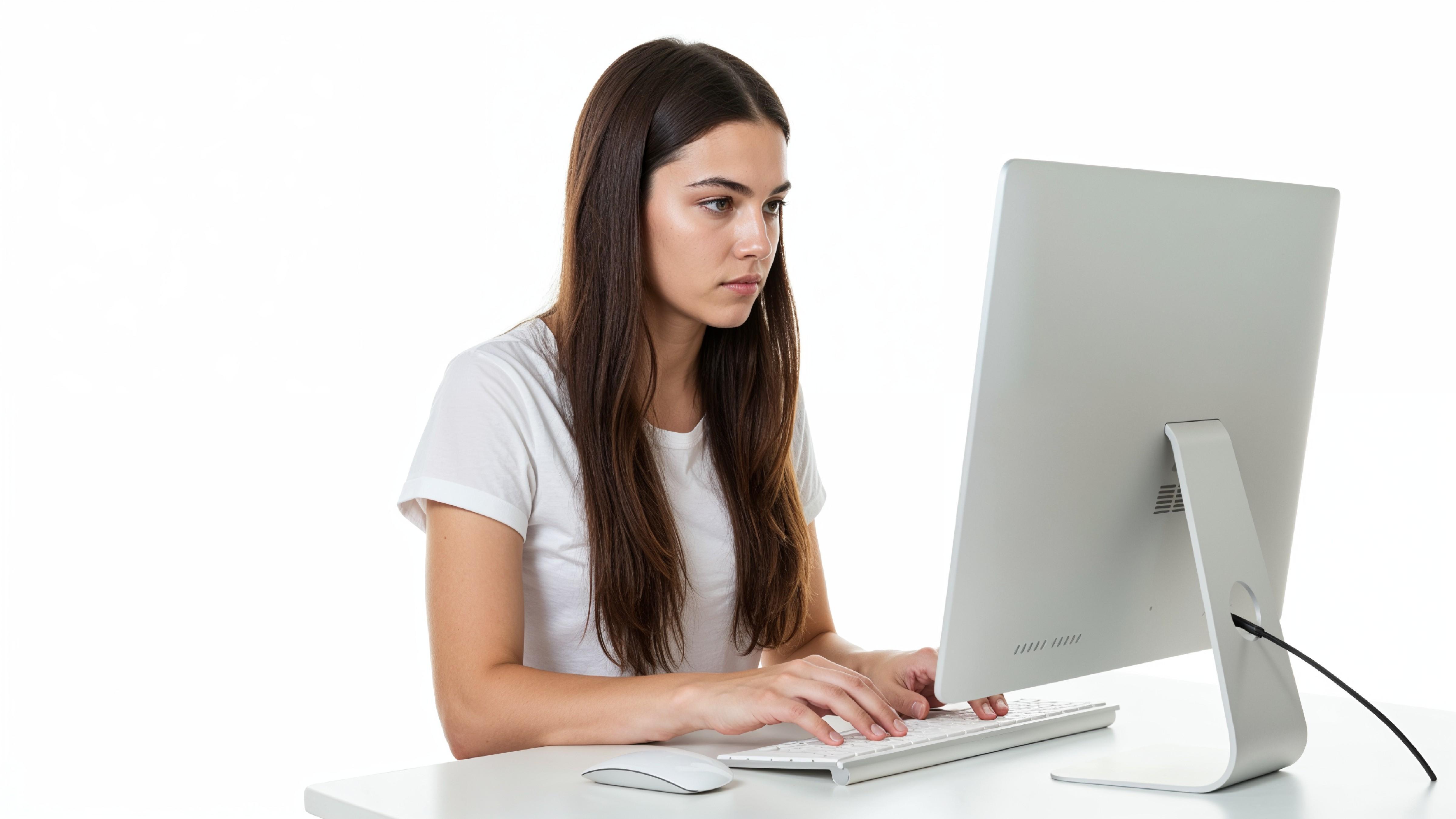 Beautiful Young Woman Working on Laptop at Modern Office Desk, Professional Business Portrait