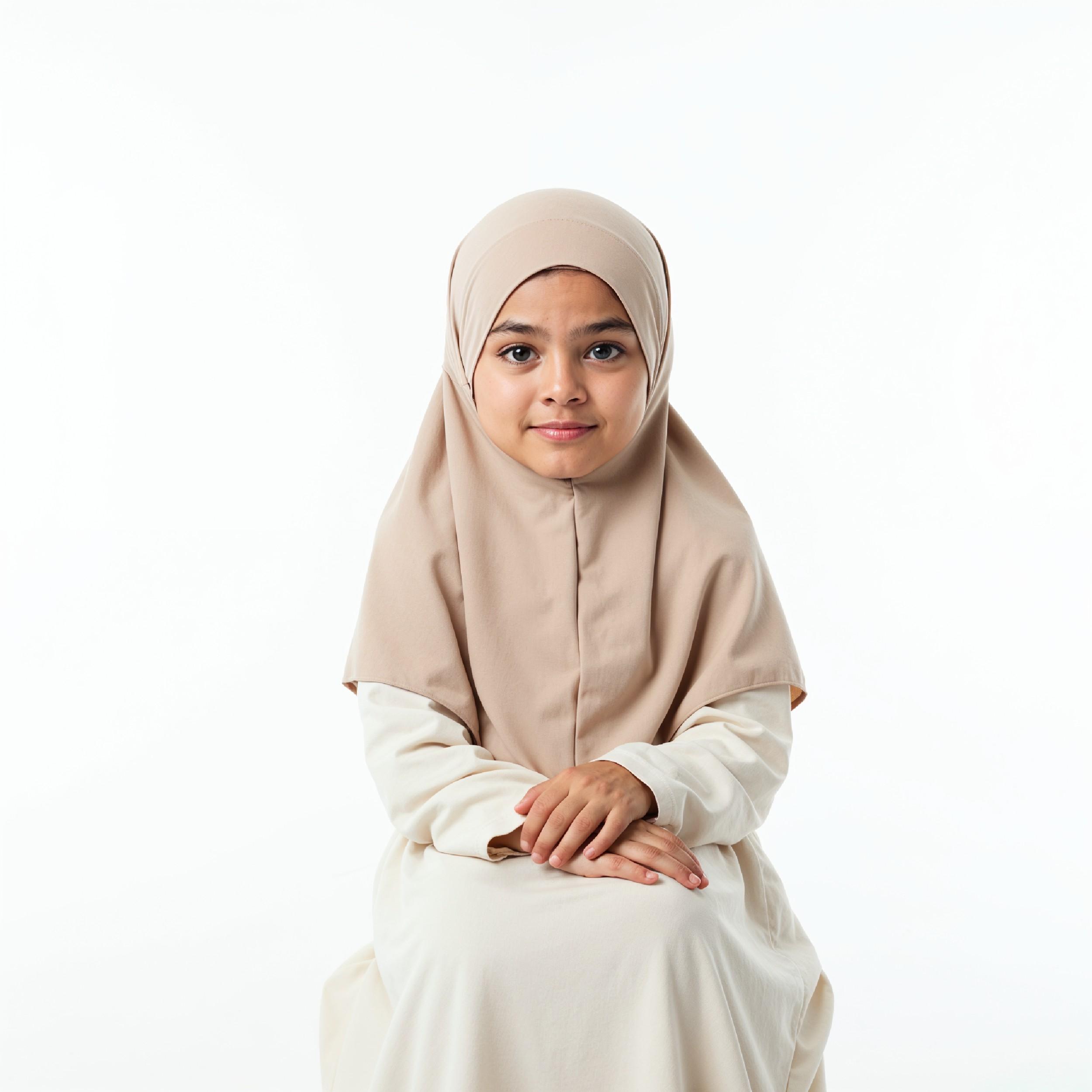 Cute Young Muslim Girl Wearing Beige Hijab and Modest Dress in Studio Portrait