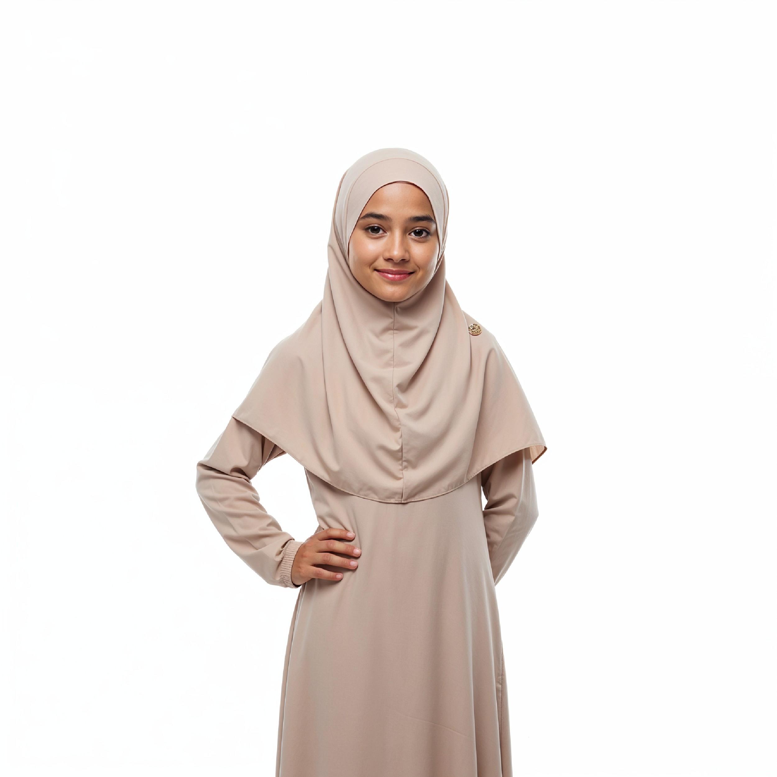 Cute Young Muslim Girl Wearing Beige Hijab and Modest Dress in Studio Portrait